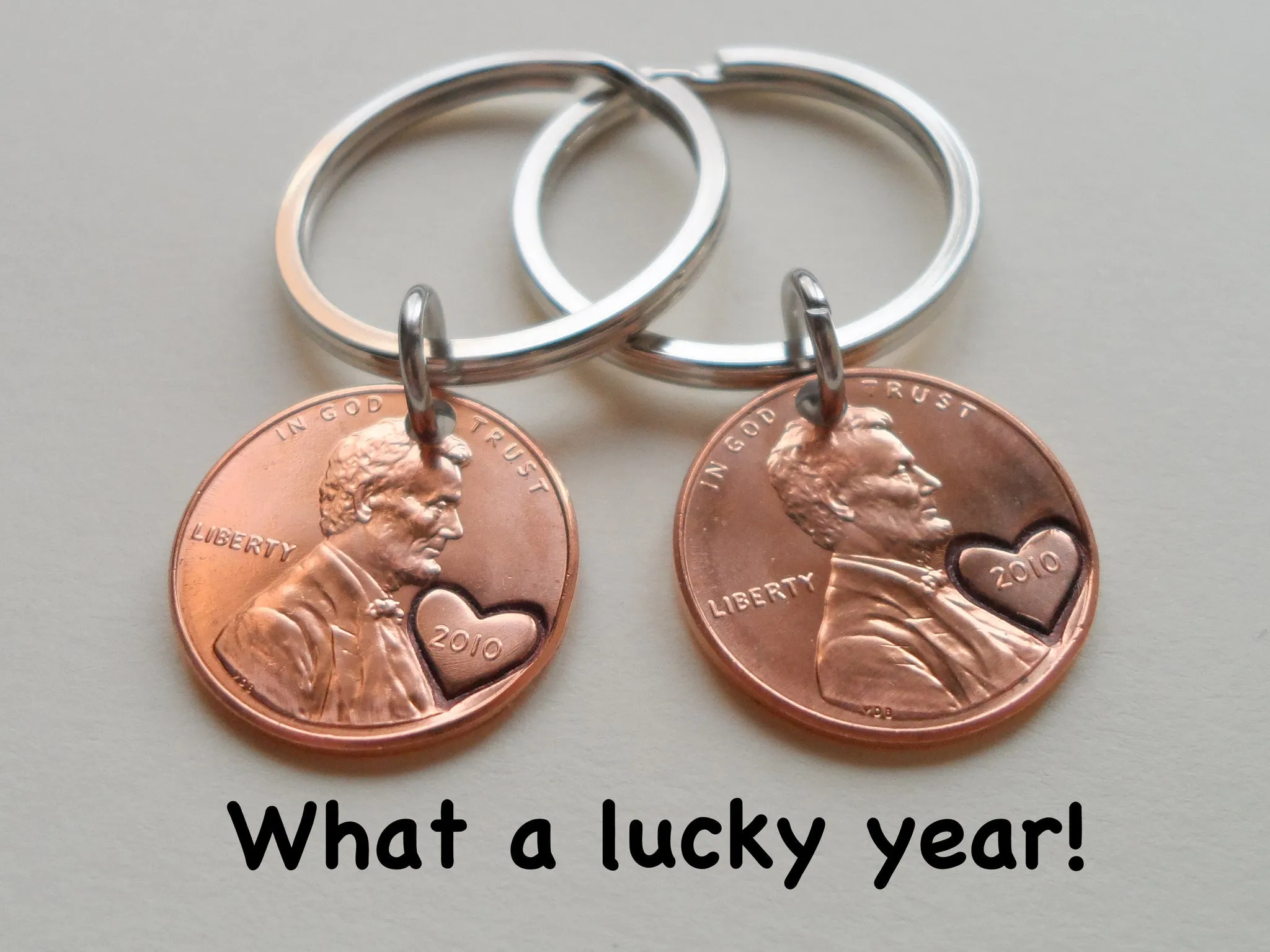 15 Year Anniversary Gift • Double Keychain Set 2010 Penny Keychains with Engraved Heart Around Year by Jewelry Everyday