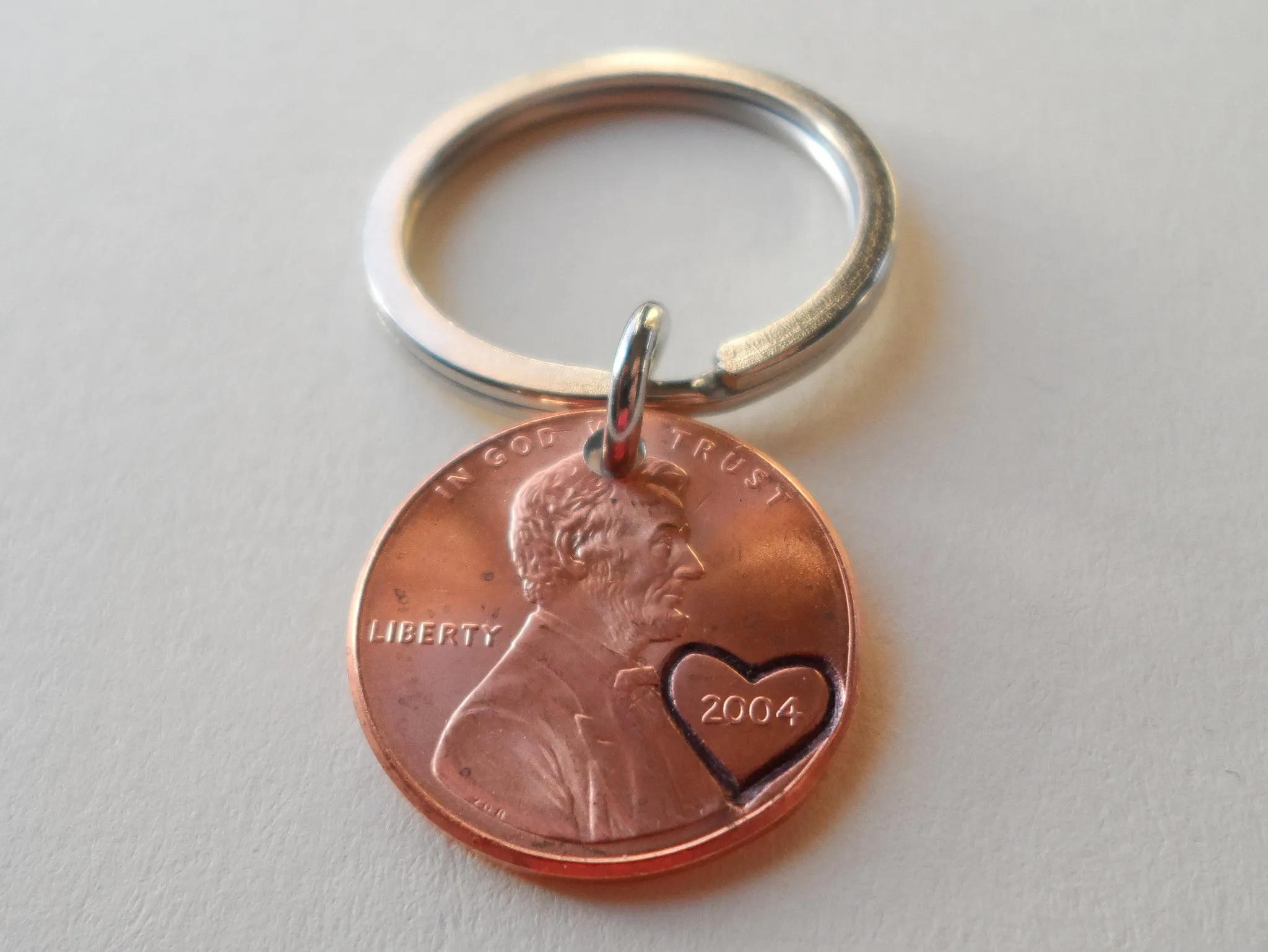 2004 Penny Keychain with Engraved Heart Around Year; 21 Year Anniversary Gift, Couples Keychain