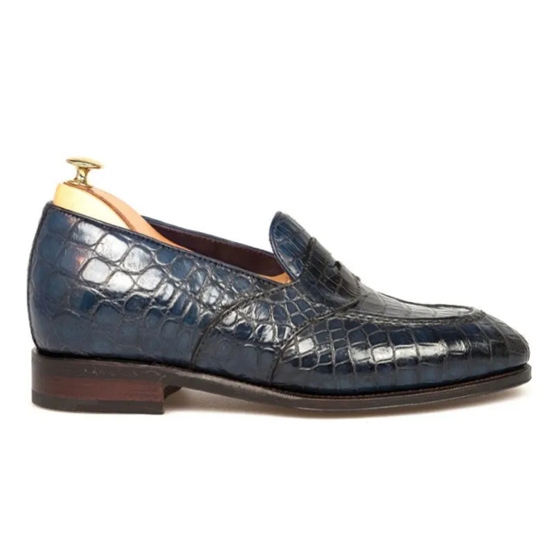 6 CM/2.36 Inches CMR CHAMARIPA Men's Handcrafted Navy Alligator Leather Penny Loafers
