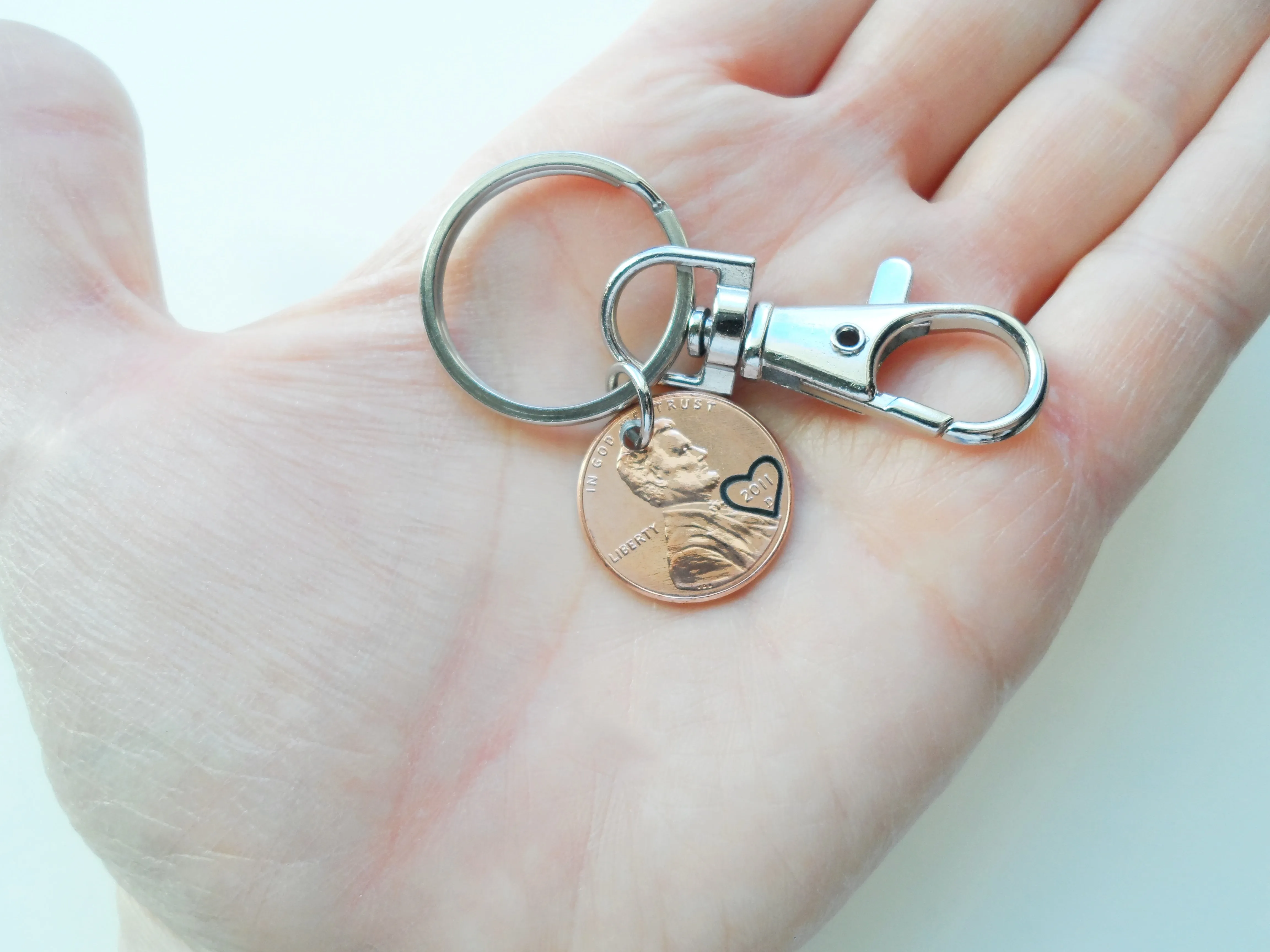 Anniversary Gift • Personalized Penny Keychain Stamped with Heart Around the Year & Initials with Pinky Promise Charm & Clasp