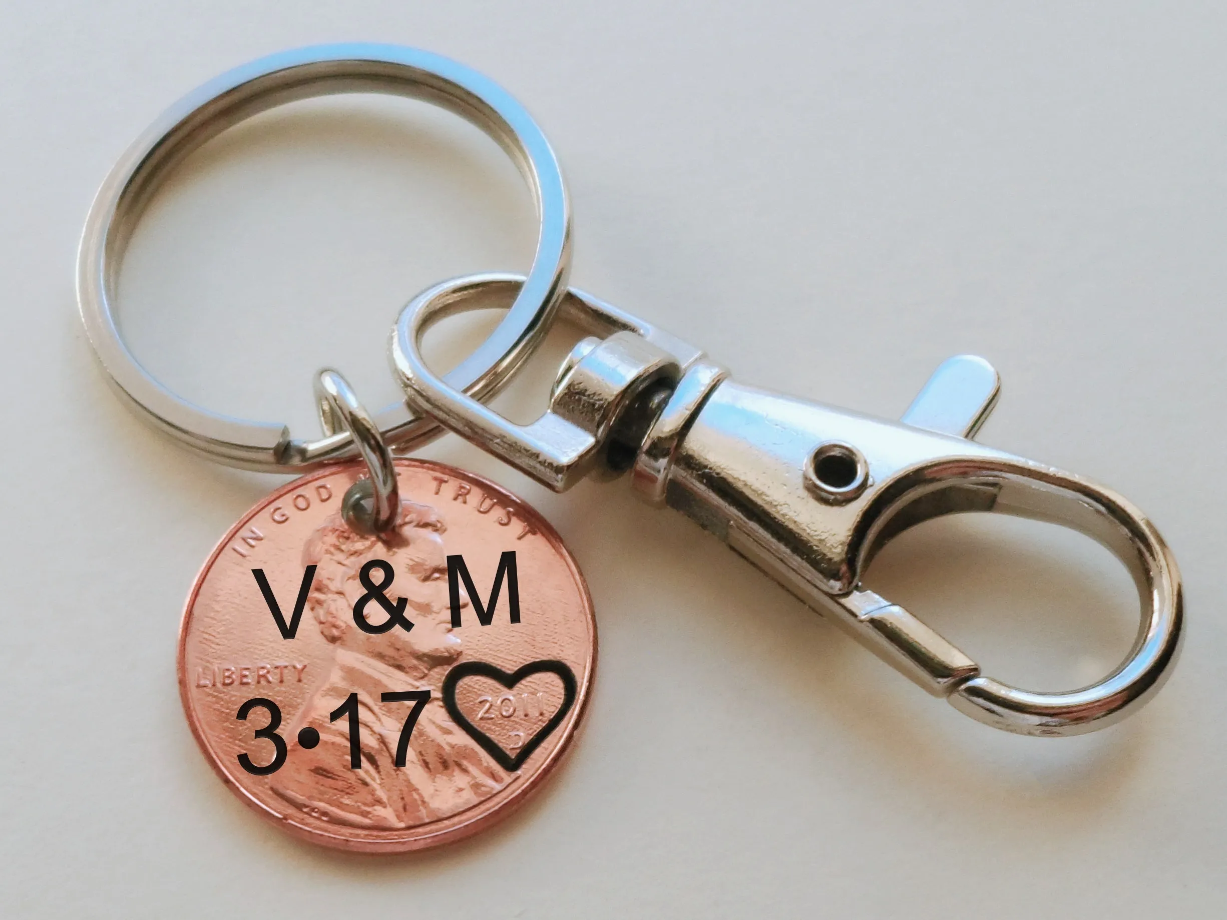 Anniversary Gift • Personalized Penny Keychain Stamped with Heart Around the Year & Initials with Pinky Promise Charm & Clasp