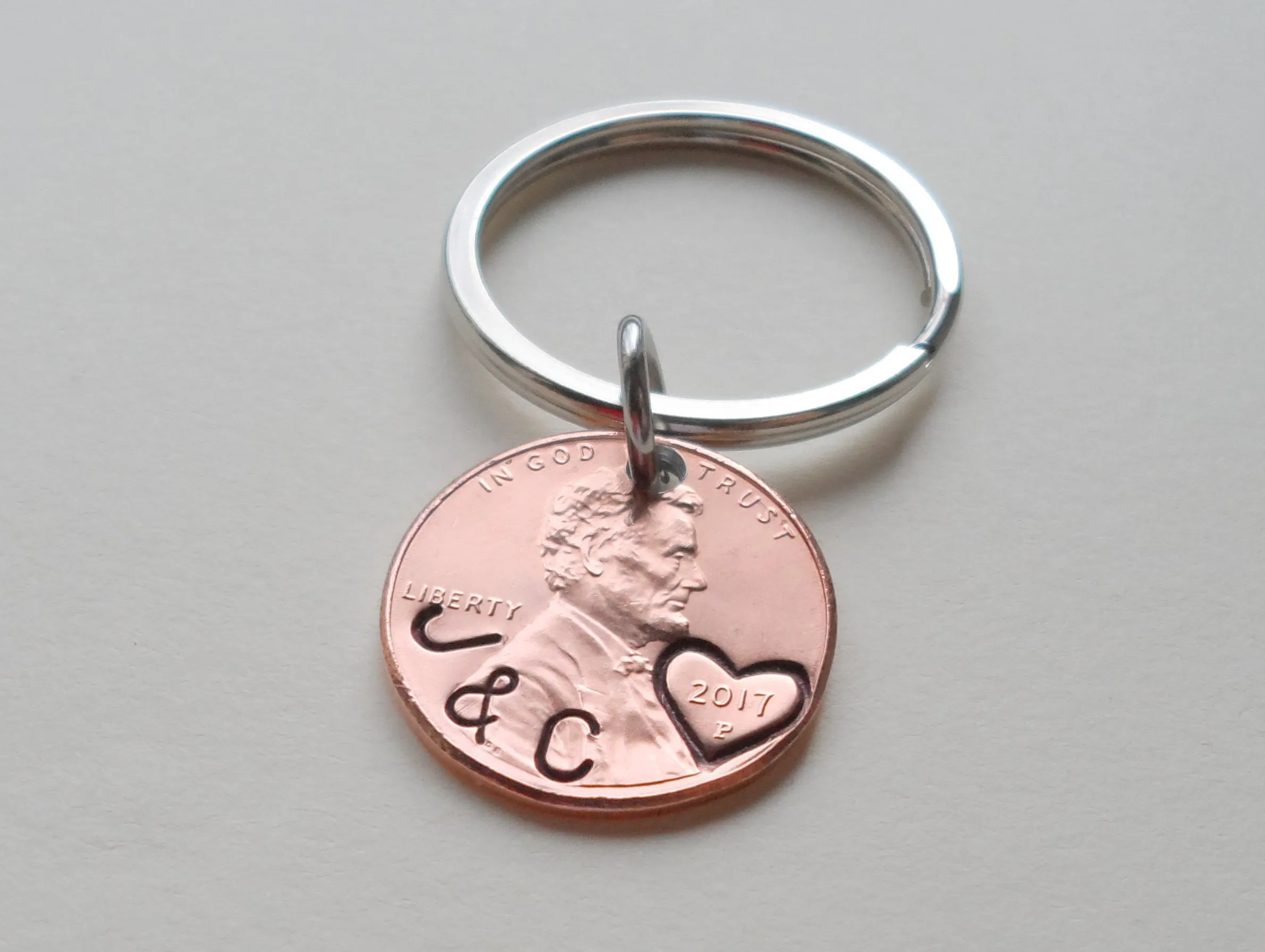 Anniversary Gift • Personalized Penny Keychain Stamped with Initials Along Edge & Heart Around the Year by Jewelry Everyday