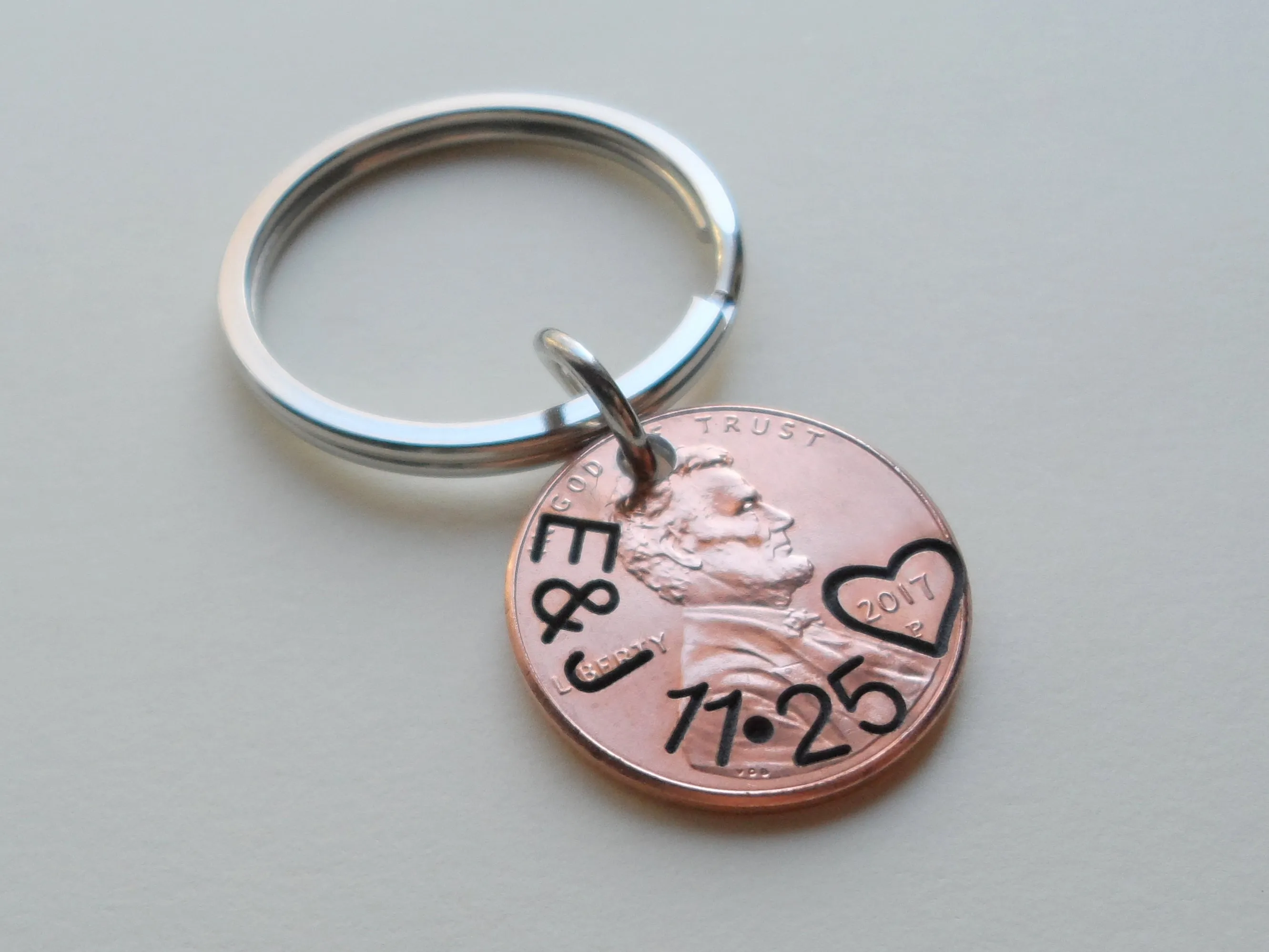 Anniversary Gift • Personalized Penny Keychain Stamped with Initials Along Edge & Heart Around the Year by Jewelry Everyday