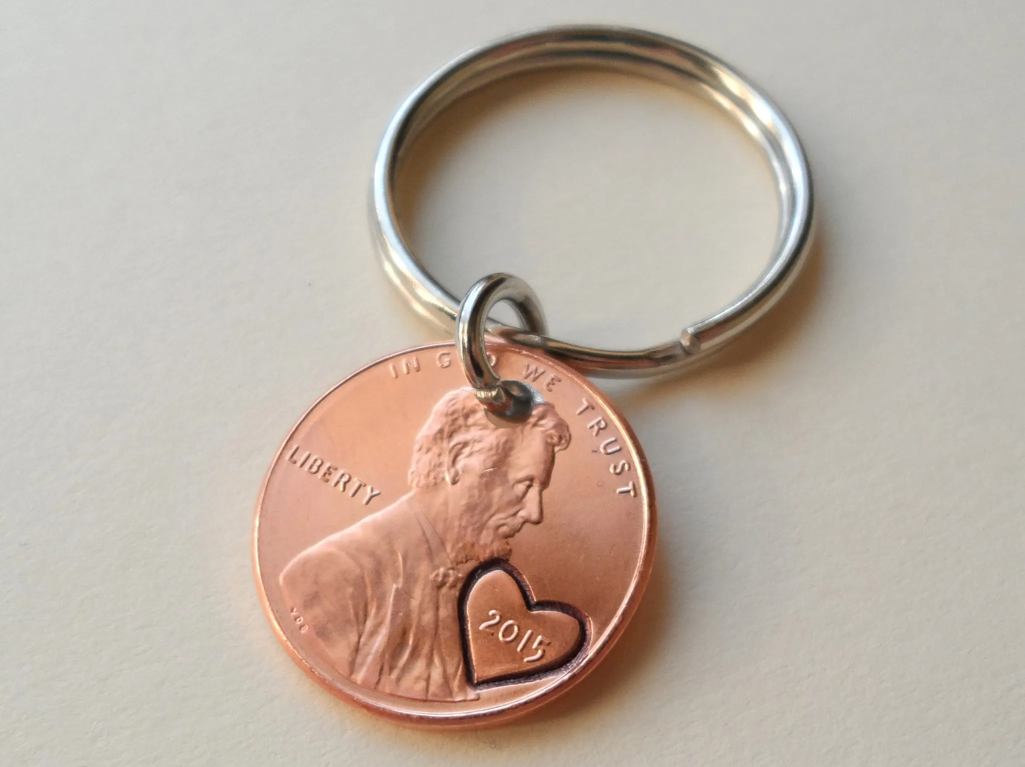 Anniversary Gift • Personalized Penny Keychain Stamped with Initials Along Edge & Heart Around the Year by Jewelry Everyday
