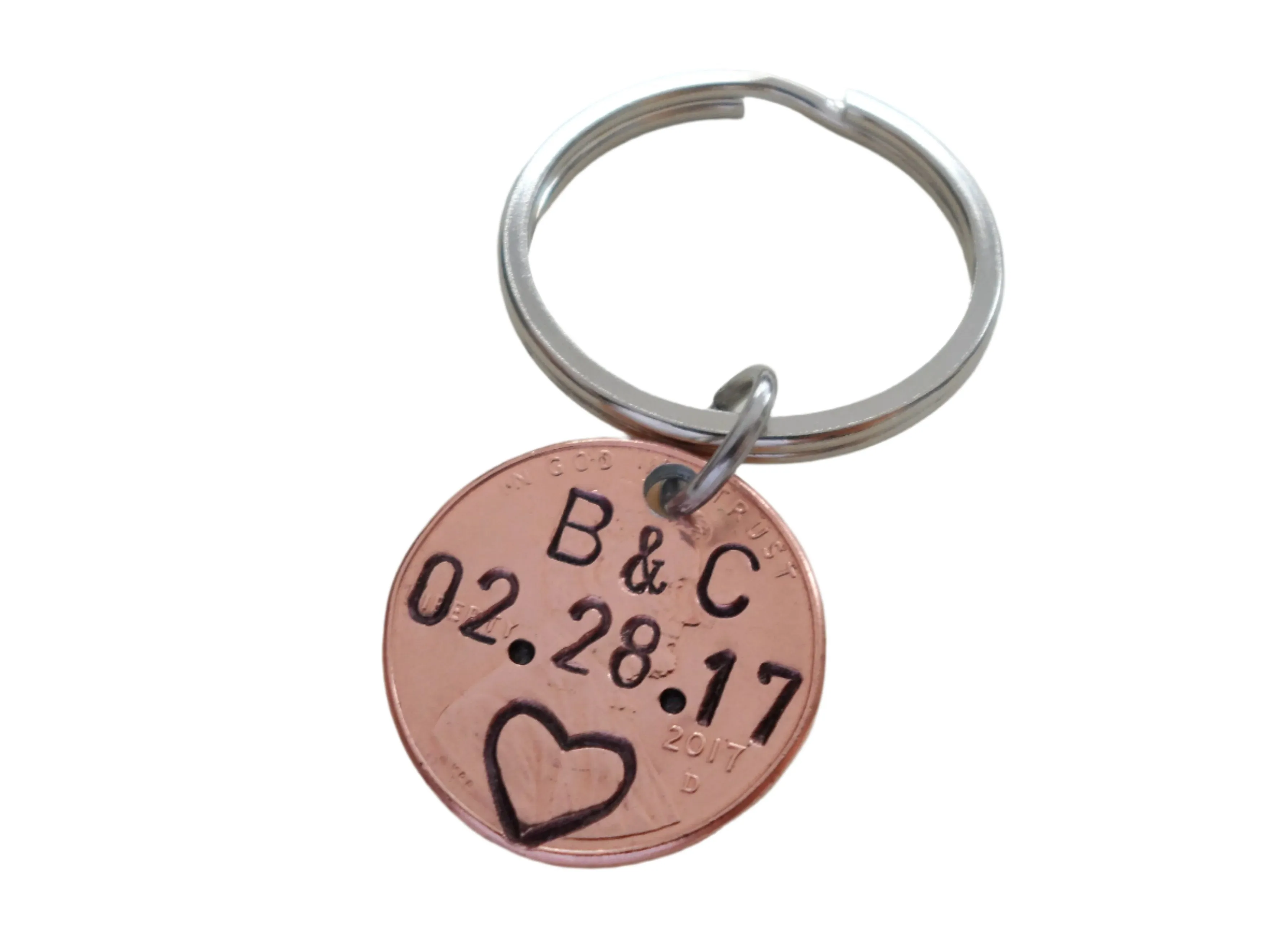 Anniversary Gift • Personalized Penny Keychain Stamped with Initials & Anniversary Date & Heart at Bottom