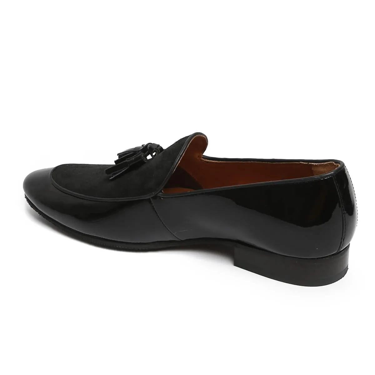 Black Glossy/Suede Leather Apron Toe Tassel Slip-On Shoes By Brune & Bareskin