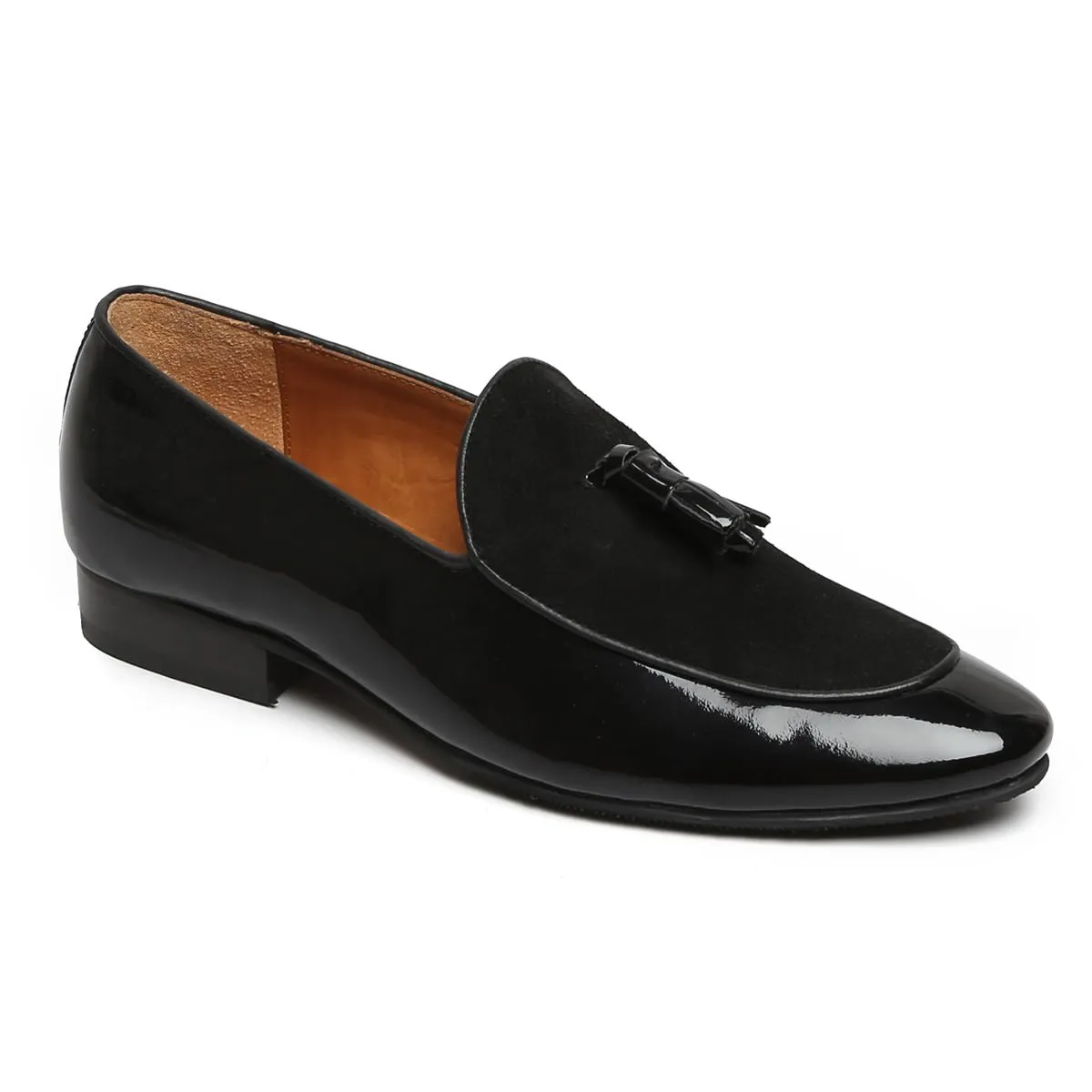 Black Glossy/Suede Leather Apron Toe Tassel Slip-On Shoes By Brune & Bareskin