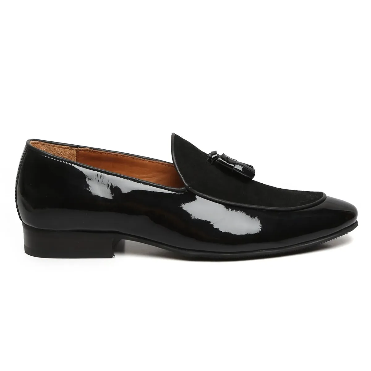 Black Glossy/Suede Leather Apron Toe Tassel Slip-On Shoes By Brune & Bareskin