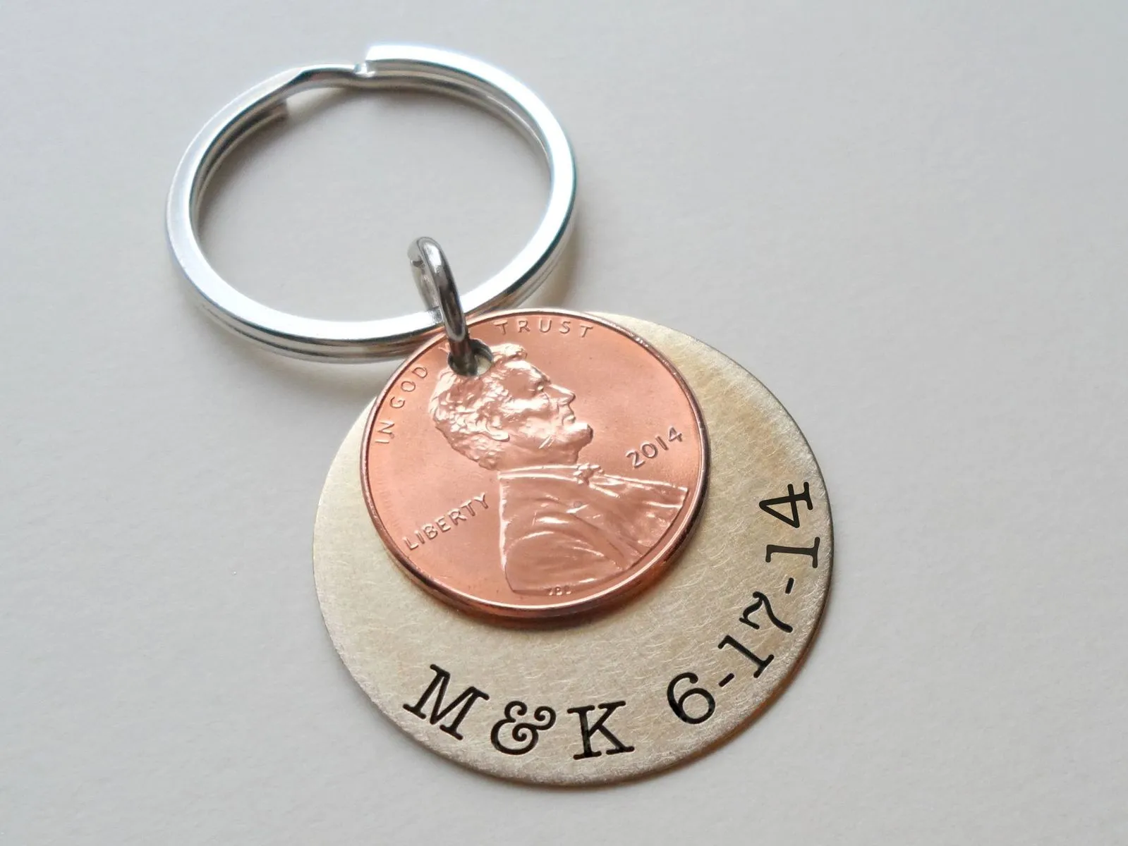 Custom Copper Penny Keychain With Engraved Brass Disc, 7 Year or Other Year Anniversary Gift, Husband Wife Key Chain, Boyfriend Girlfriend Gift, Couples Keychain