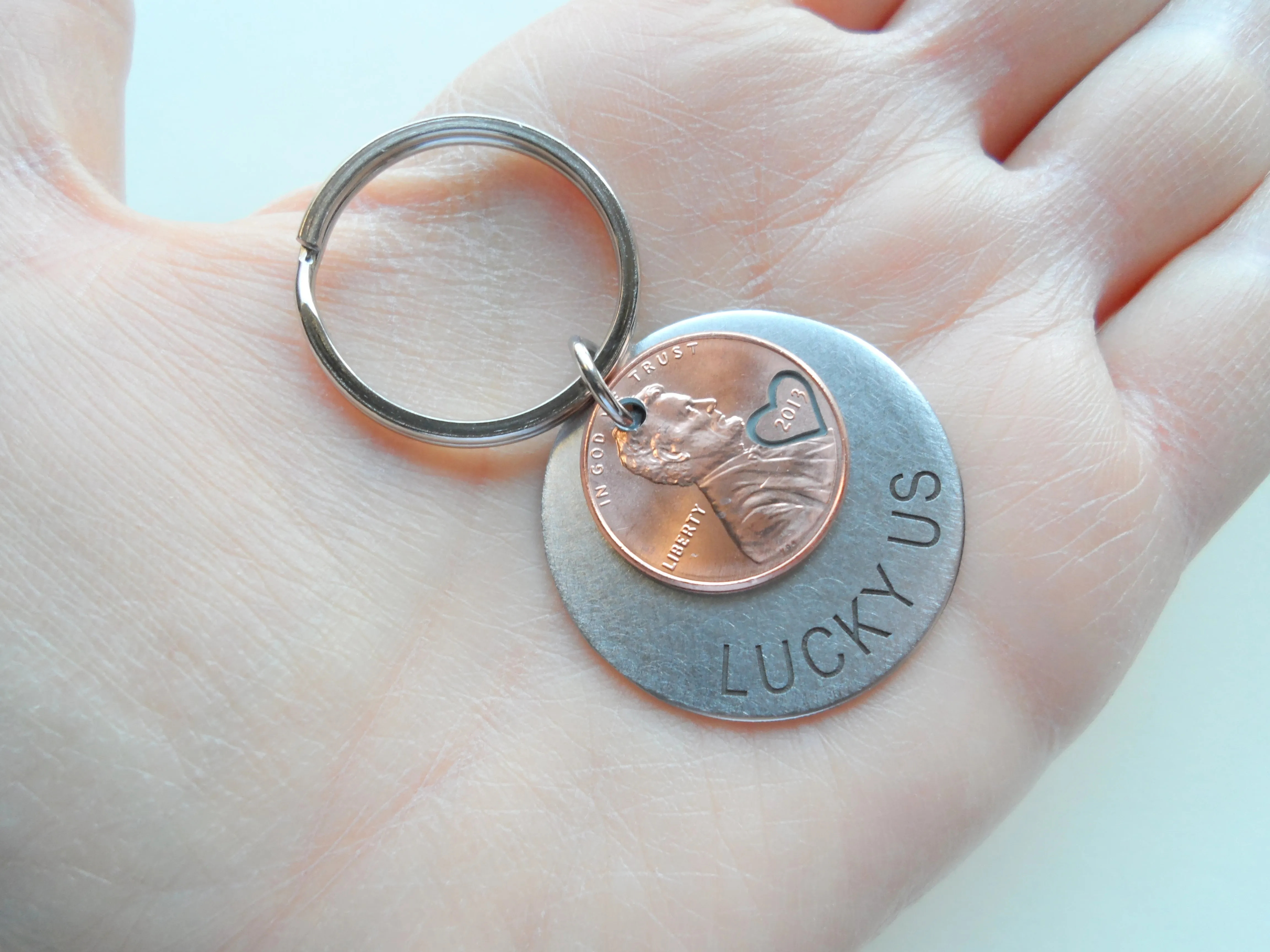 Custom Engraved Steel Disc Keychain Layered with Penny and Heart Around Year, Personalized Option