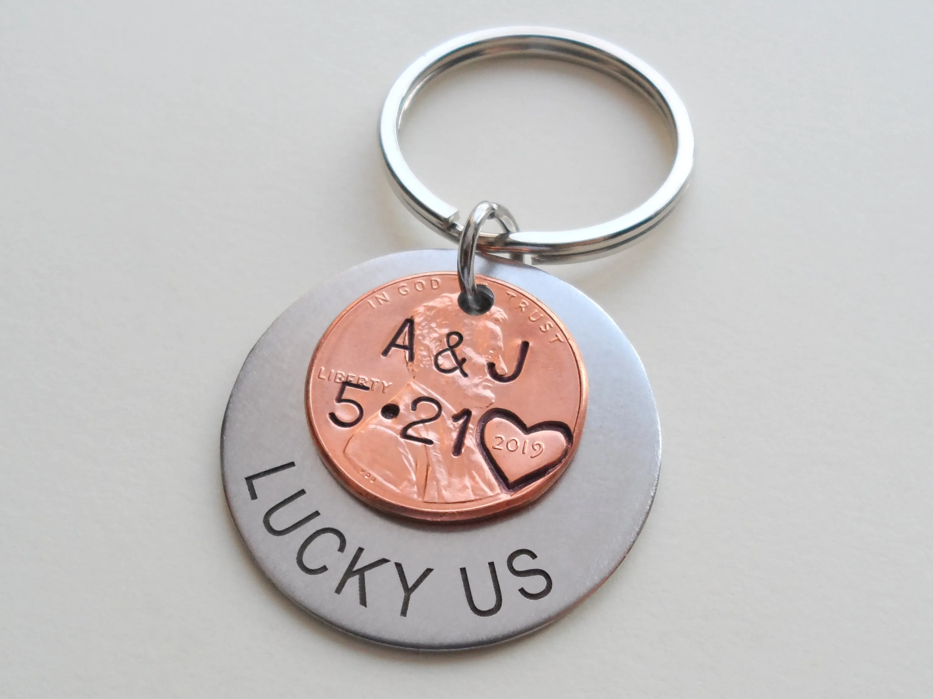 Custom Engraved Steel Disc Keychain Layered with Penny and Heart Around Year, Personalized Option