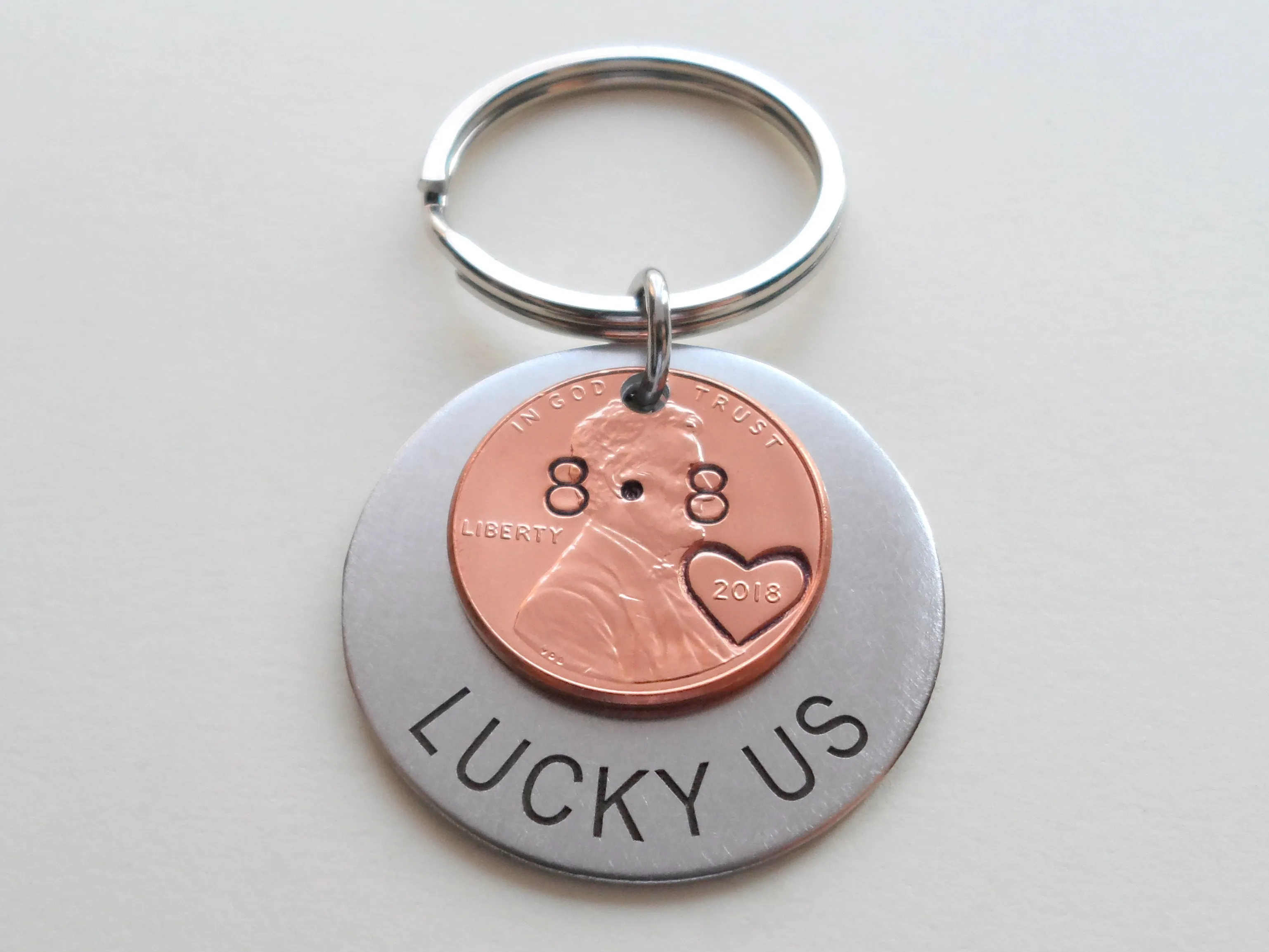 Custom Engraved Steel Disc Keychain Layered with Penny and Heart Around Year, Personalized Option