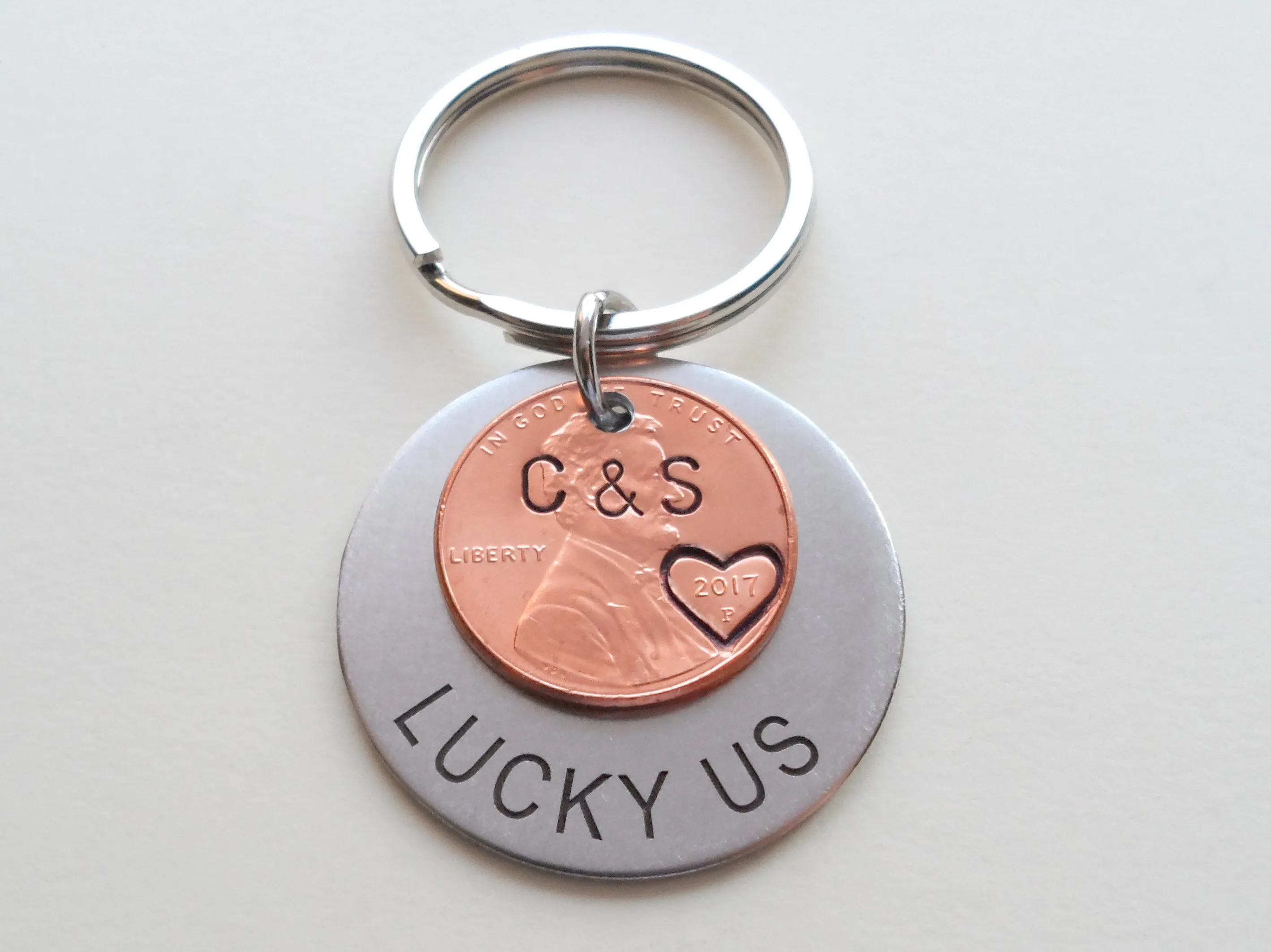 Custom Engraved Steel Disc Keychain Layered with Penny and Heart Around Year, Personalized Option
