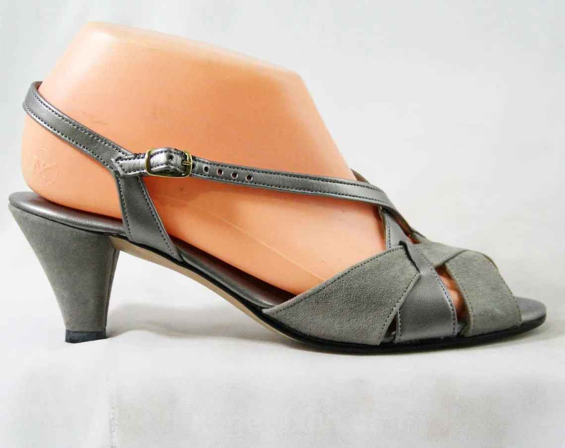 Deco Style 70s Sandals - Size 6 1/2 M - Metallic Silver & Gray Suede 1970s Shoes - Deadstock - Peep Toe - Slingback - Hush Puppies - 43219-3