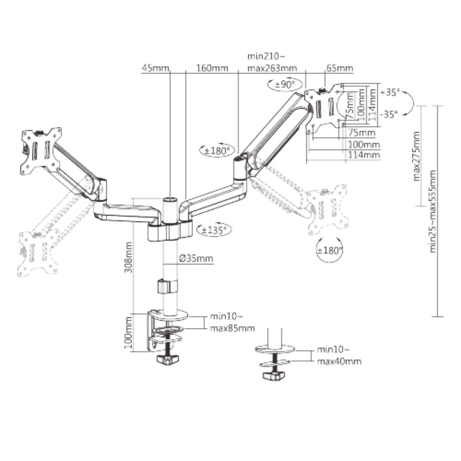 Deluxe Gas Spring Dual Monitor Stand, Heavy Duty Mount Arms for Two 17''-32'' LED-LCD Computer Monitors