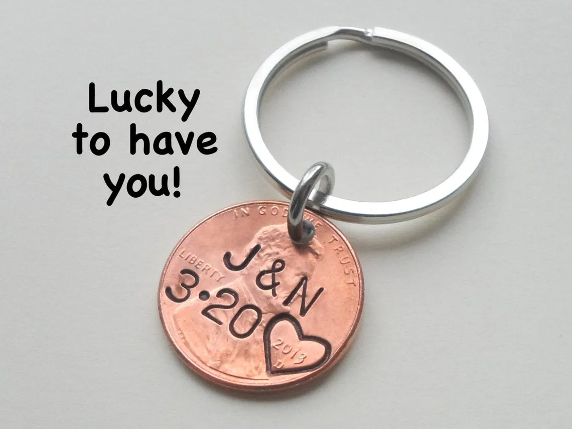 Double Keychain Set 2008 Penny Keychains with Engraved Heart Around Year; 17 Year Anniversary Gift, Couples Keychain