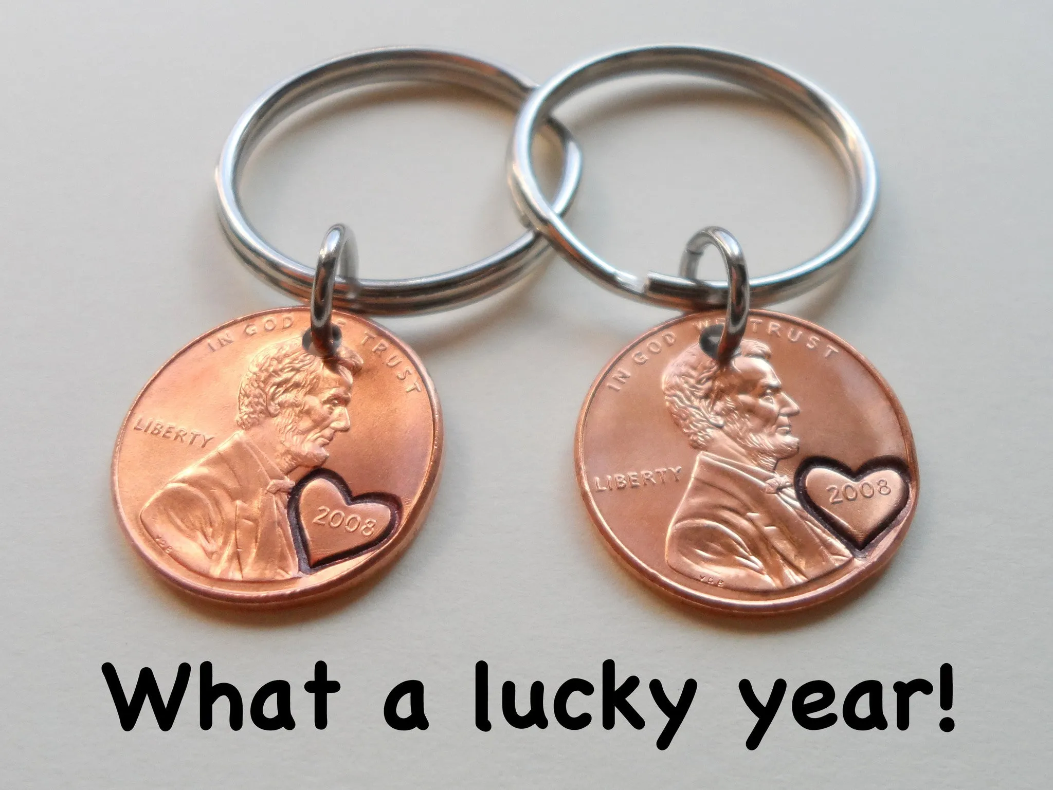 Double Keychain Set 2008 Penny Keychains with Engraved Heart Around Year; 17 Year Anniversary Gift, Couples Keychain