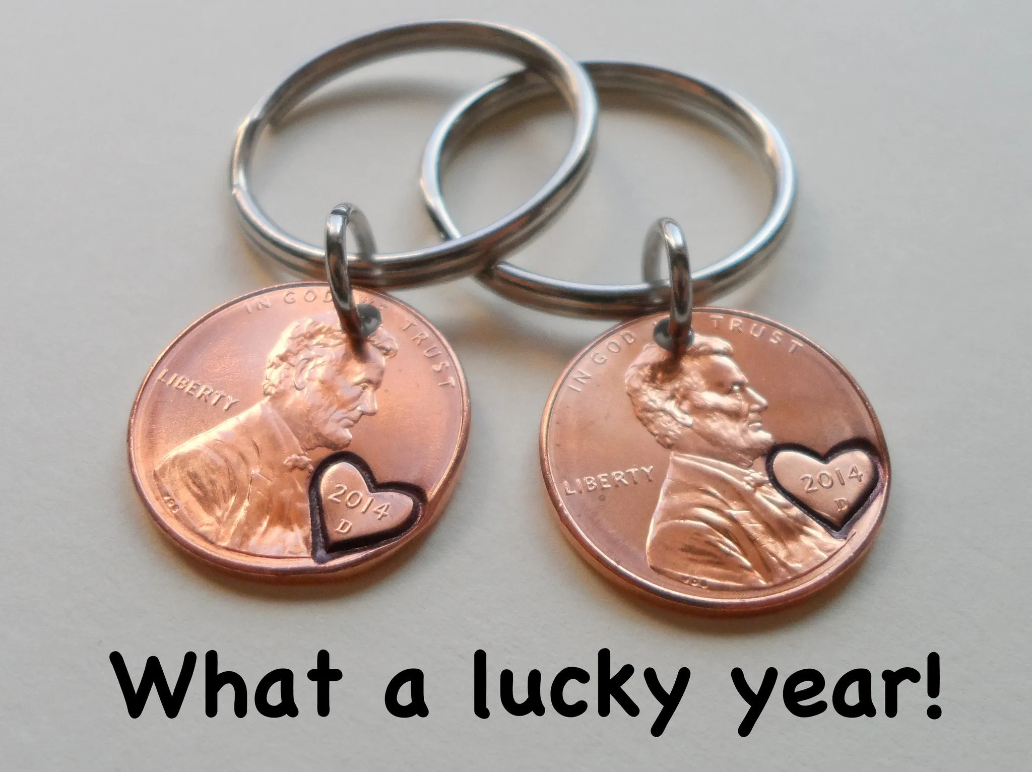 Double Keychain Set 2014 Penny Keychains with Engraved Heart Around Year; 11 Year Anniversary Gift, Couples Keychain