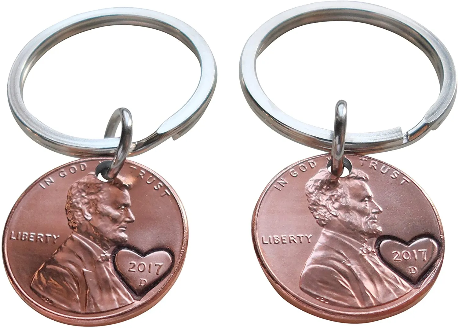 Double Keychain Set 2017 Penny Keychains with Heart Around Year - 8 Year Anniversary, Couples Keychain