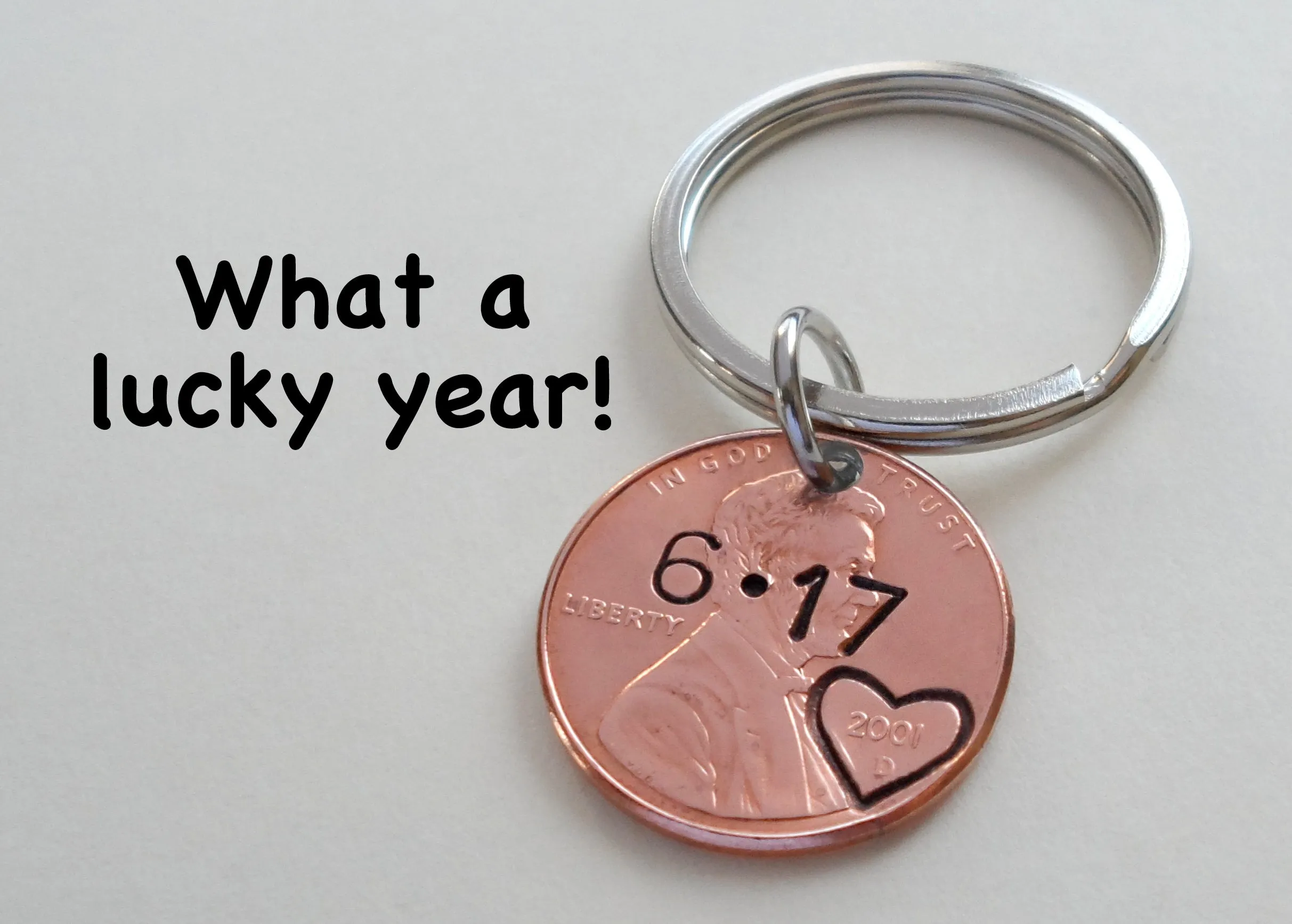 Double Keychain Set 2017 Penny Keychains with Heart Around Year - 8 Year Anniversary, Couples Keychain