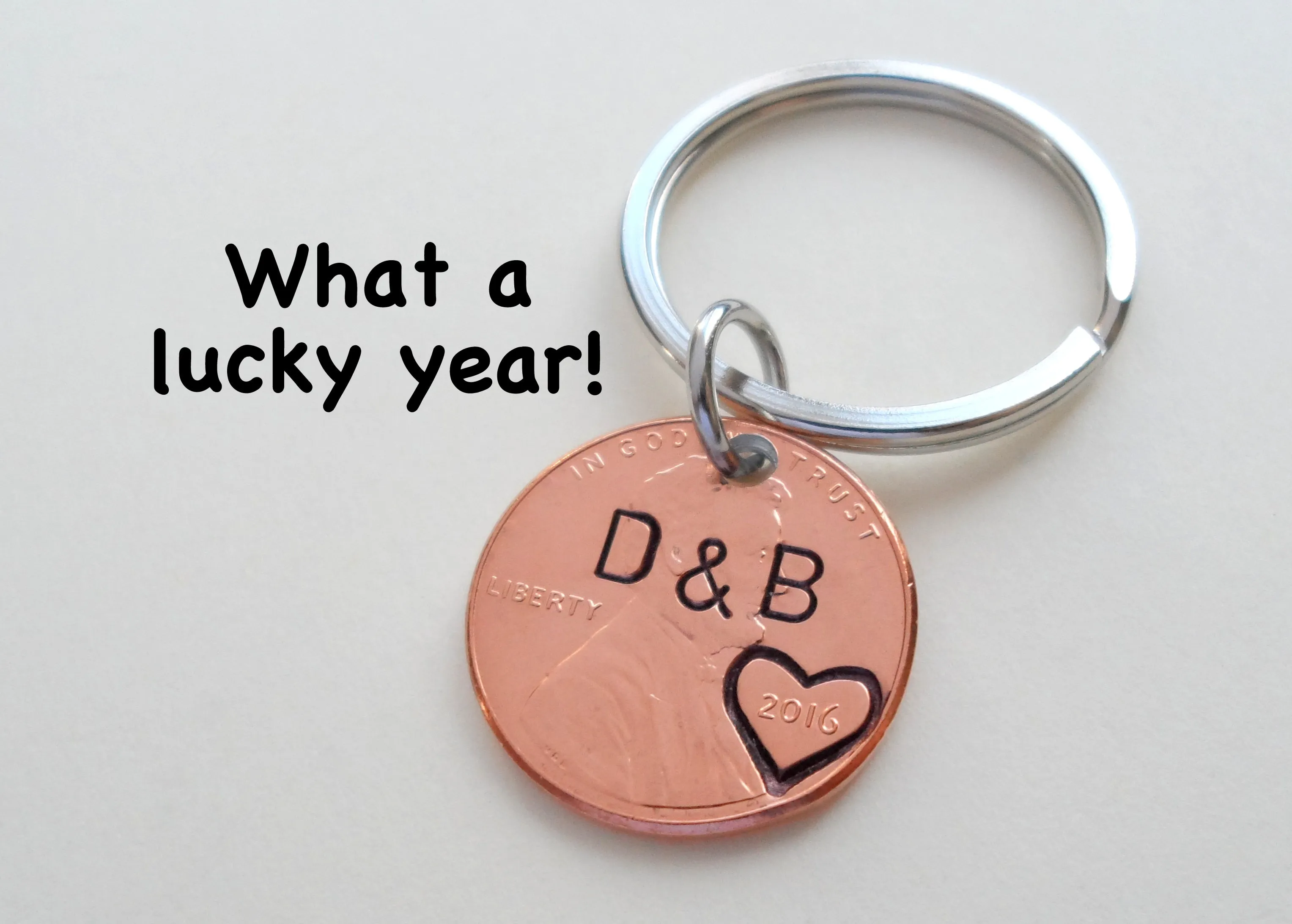Double Keychain Set 2017 Penny Keychains with Heart Around Year - 8 Year Anniversary, Couples Keychain