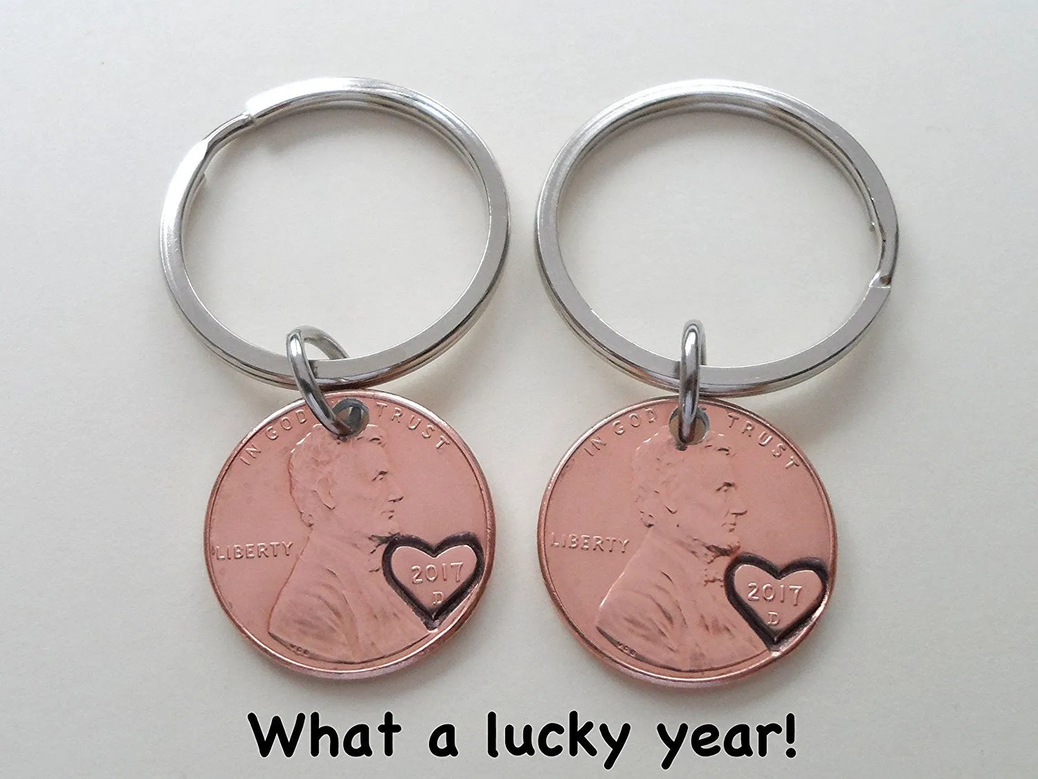 Double Keychain Set 2017 Penny Keychains with Heart Around Year - 8 Year Anniversary, Couples Keychain