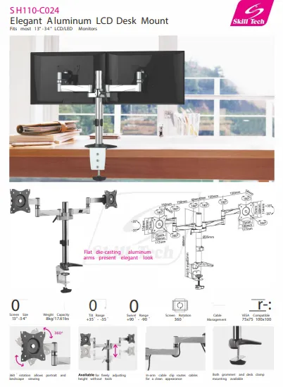 Dual Monitors Premium Articulating Monitor Mount - SH 110C024 (Fits Most 13" ~ 27")
