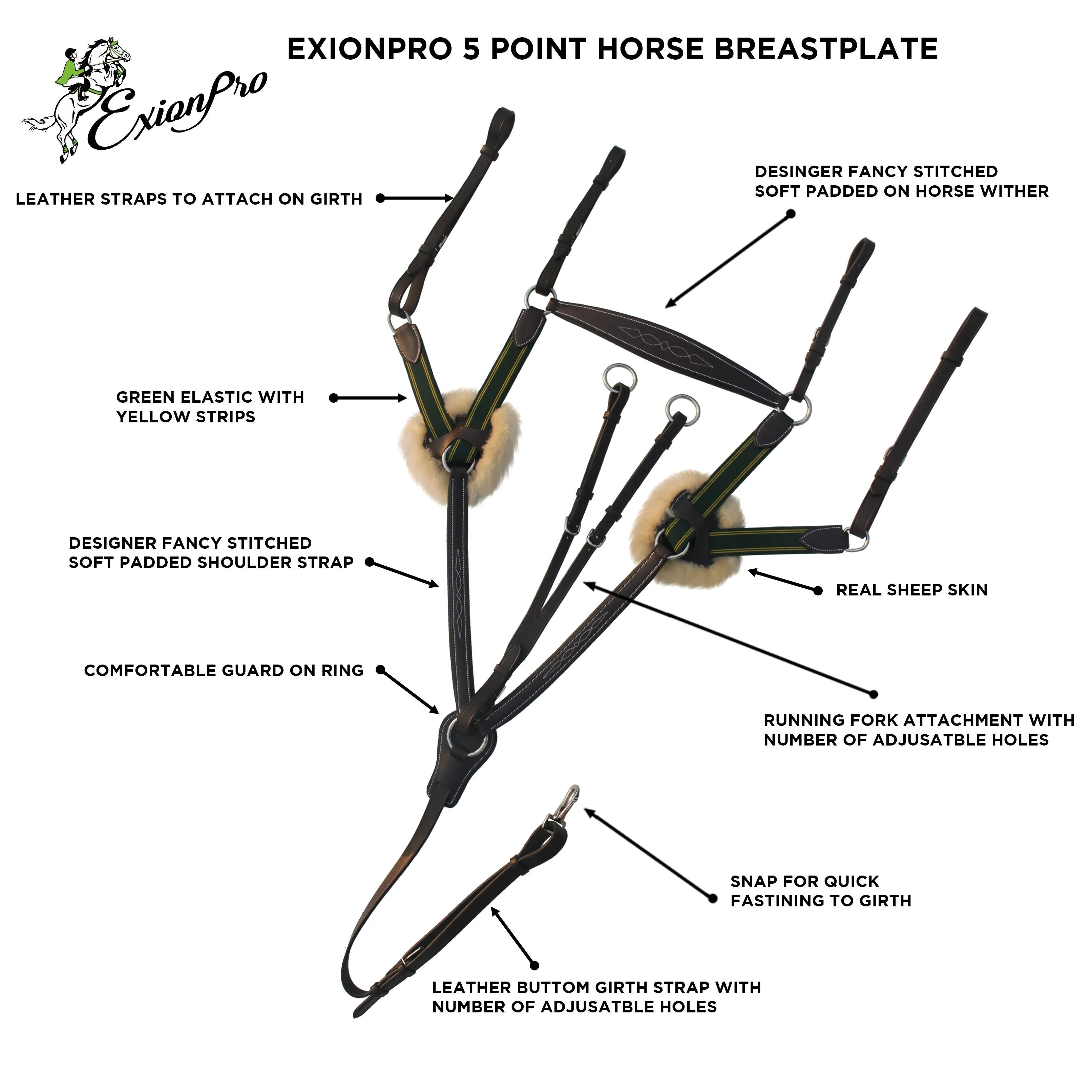 ExionPro 5 Point Breastplate with Running Attachment and Sheepskin Fur Padding - Green Elastic & Yellow Lines