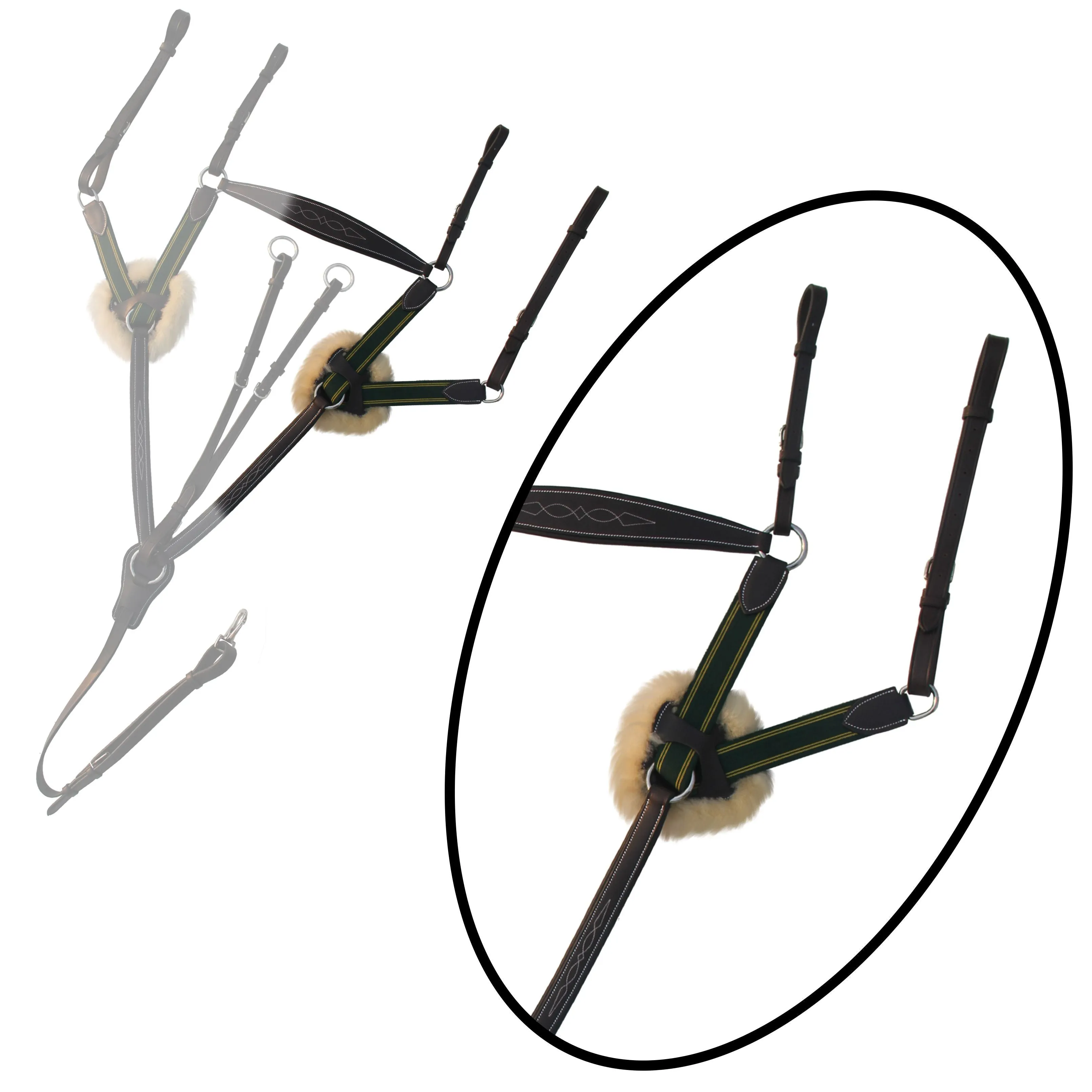 ExionPro 5 Point Breastplate with Running Attachment and Sheepskin Fur Padding - Green Elastic & Yellow Lines
