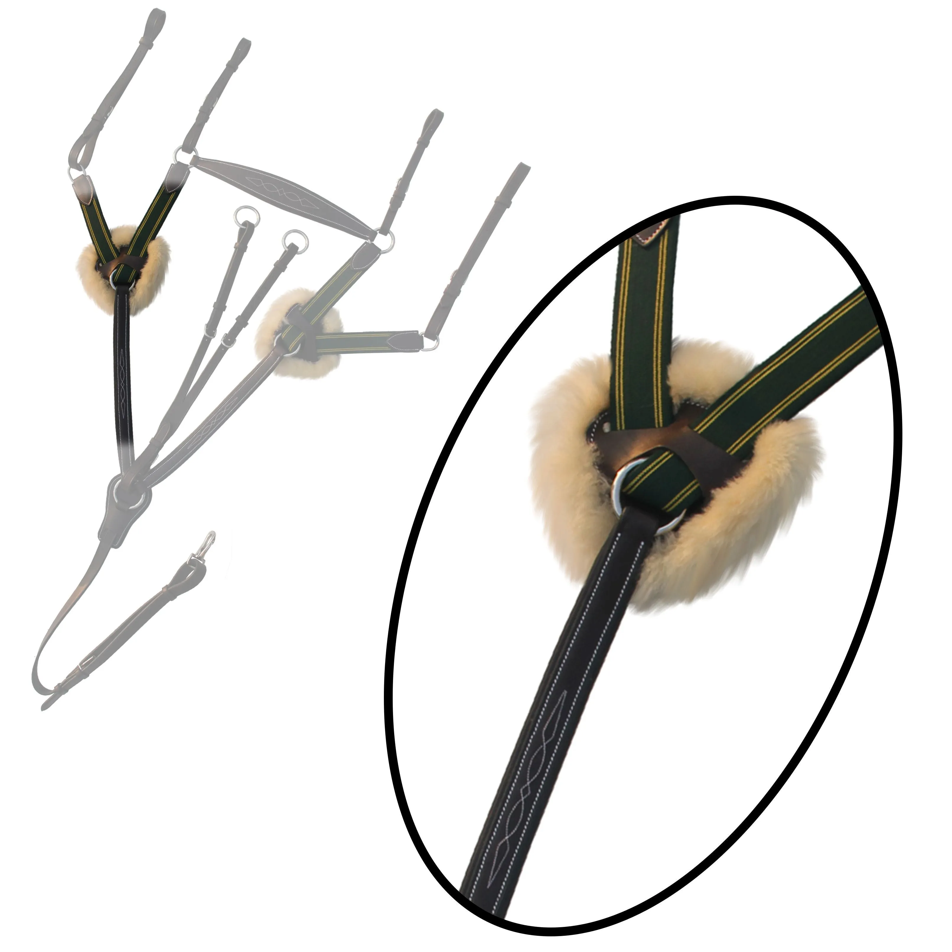 ExionPro 5 Point Breastplate with Running Attachment and Sheepskin Fur Padding - Green Elastic & Yellow Lines