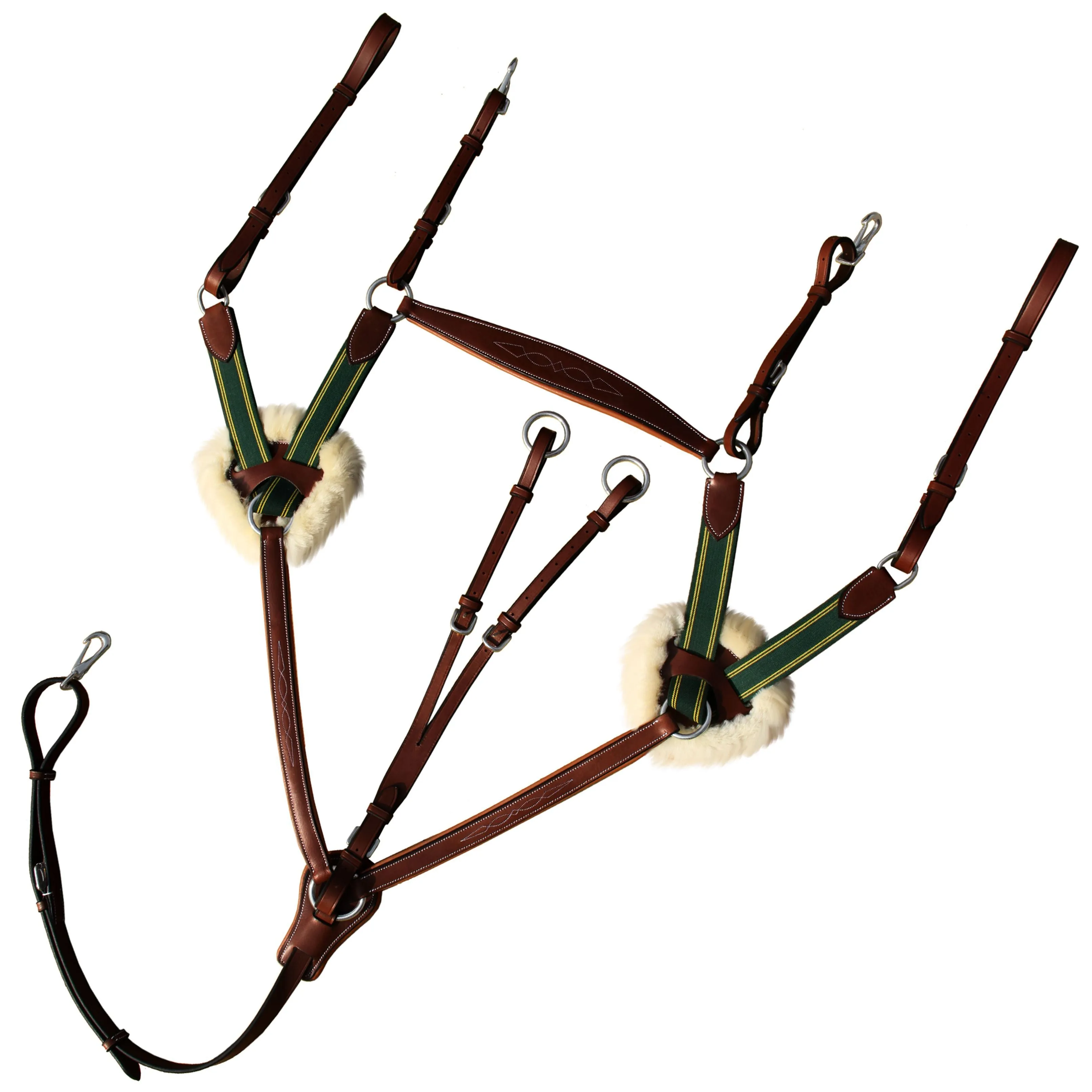 ExionPro 5 Point Breastplate with Running Attachment and Sheepskin Fur Padding - Green Elastic & Yellow Lines