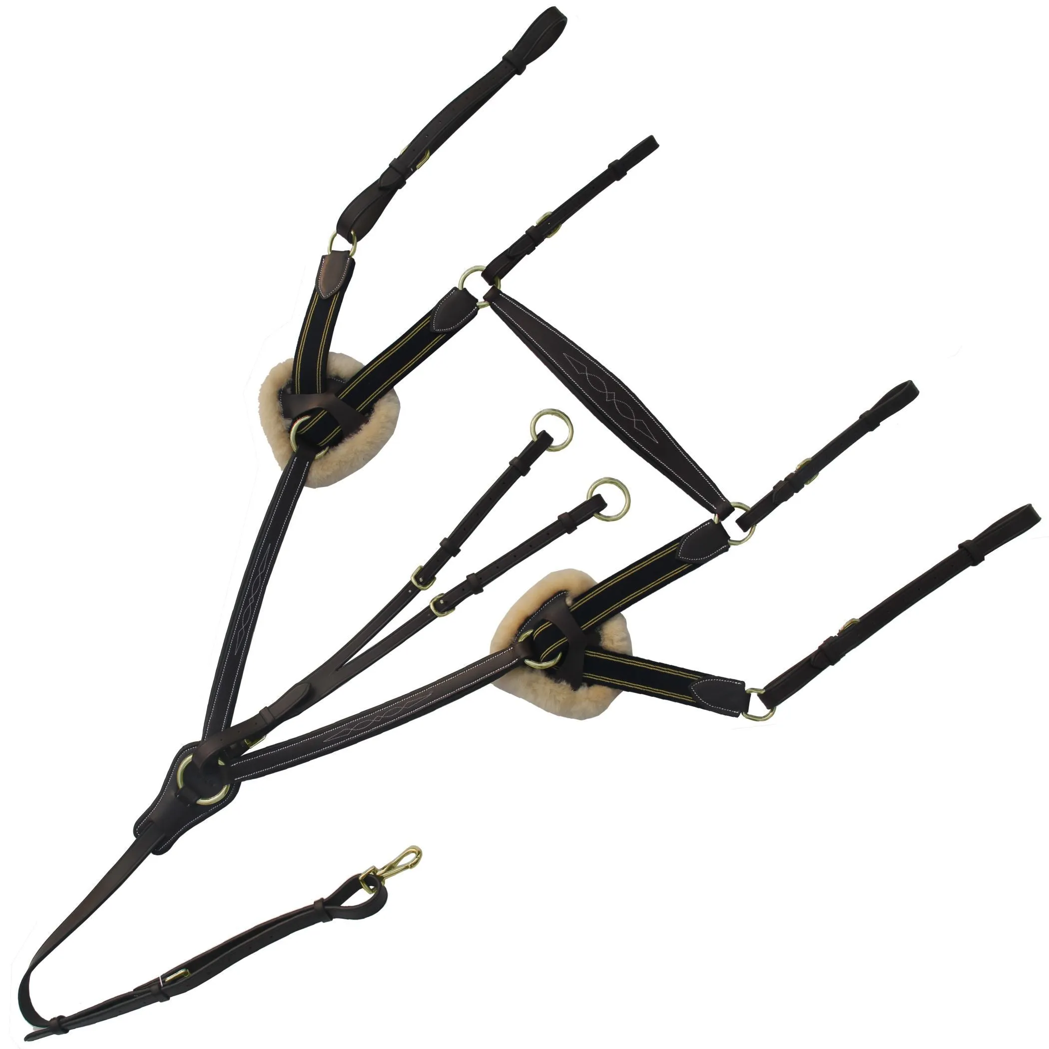 ExionPro 5 Point Breastplate with Running Attachment and Sheepskin Fur Padding - Navy Blue Elastic & Yellow Line