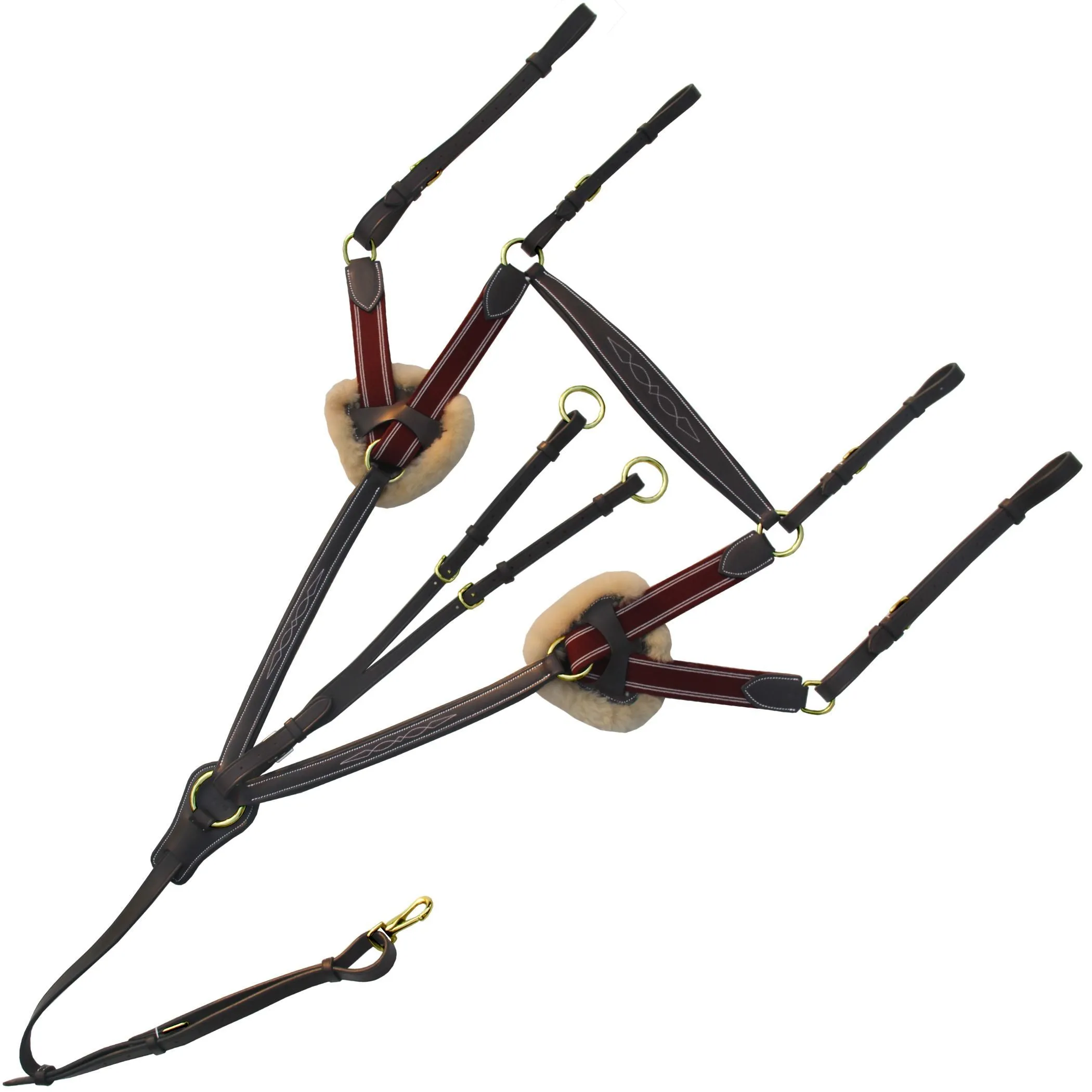 ExionPro Five Point Breastplate with Running Attachment and Sheepskin Fur Padding - Burgundy Elastic & White Strips