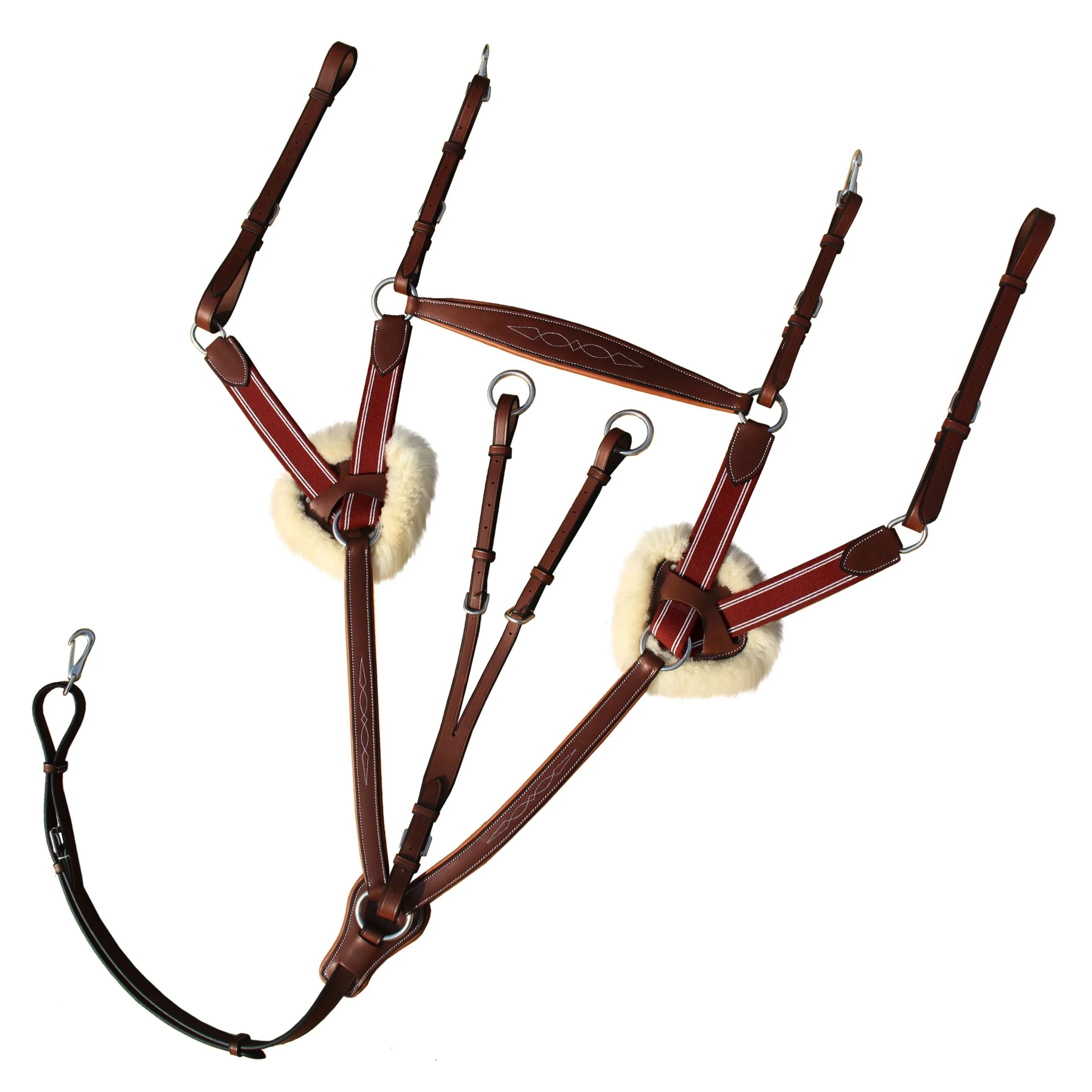 ExionPro Five Point Breastplate with Running Attachment and Sheepskin Fur Padding - Burgundy Elastic & White Strips