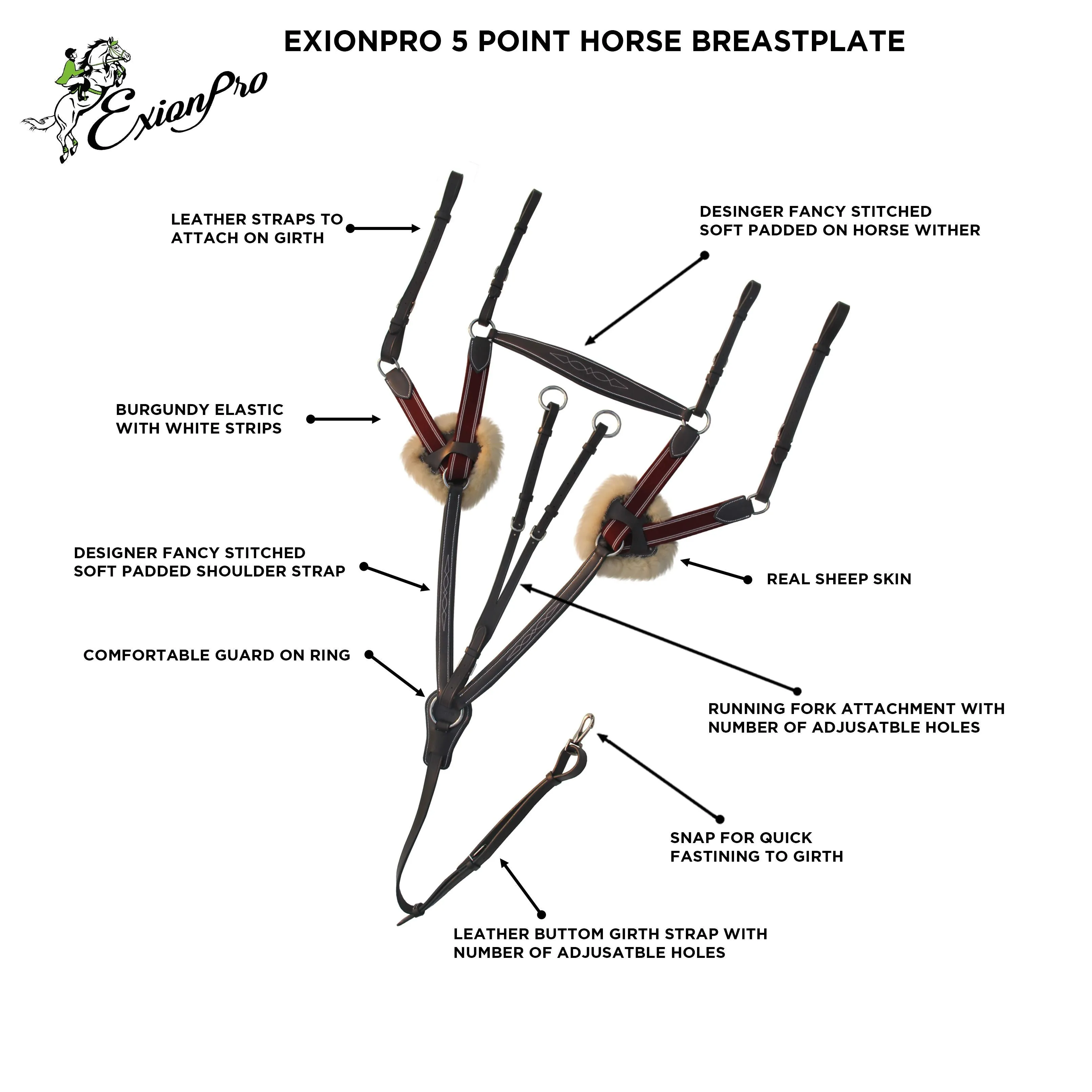 ExionPro Five Point Breastplate with Running Attachment and Sheepskin Fur Padding - Burgundy Elastic & White Strips