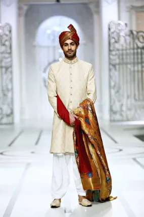 Exquisitely Embroidered Biscuit Mysoori Raw Silk Sherwani