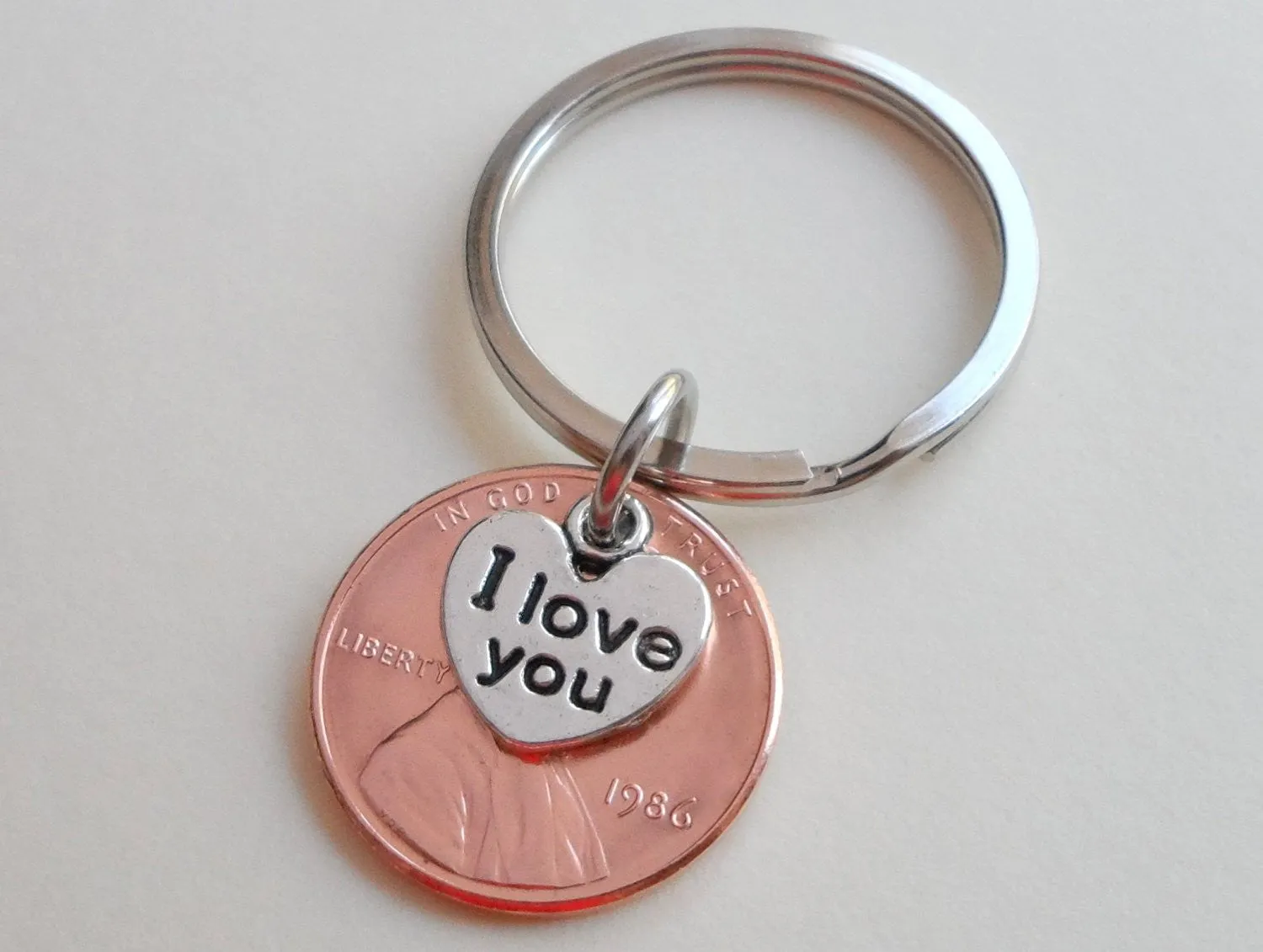 I Love You Heart Charm Layered Over 1986 Penny Keychain; 39 Year Anniversary Gift, Couples Keychain