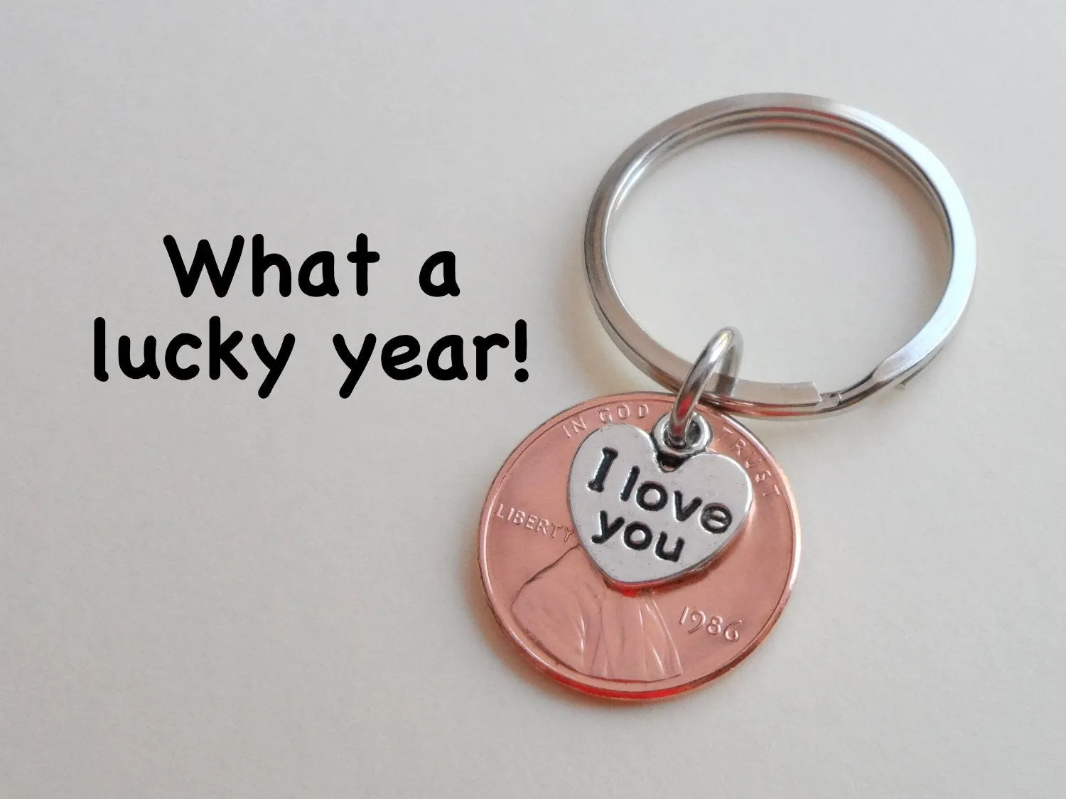 I Love You Heart Charm Layered Over 1986 Penny Keychain; 39 Year Anniversary Gift, Couples Keychain