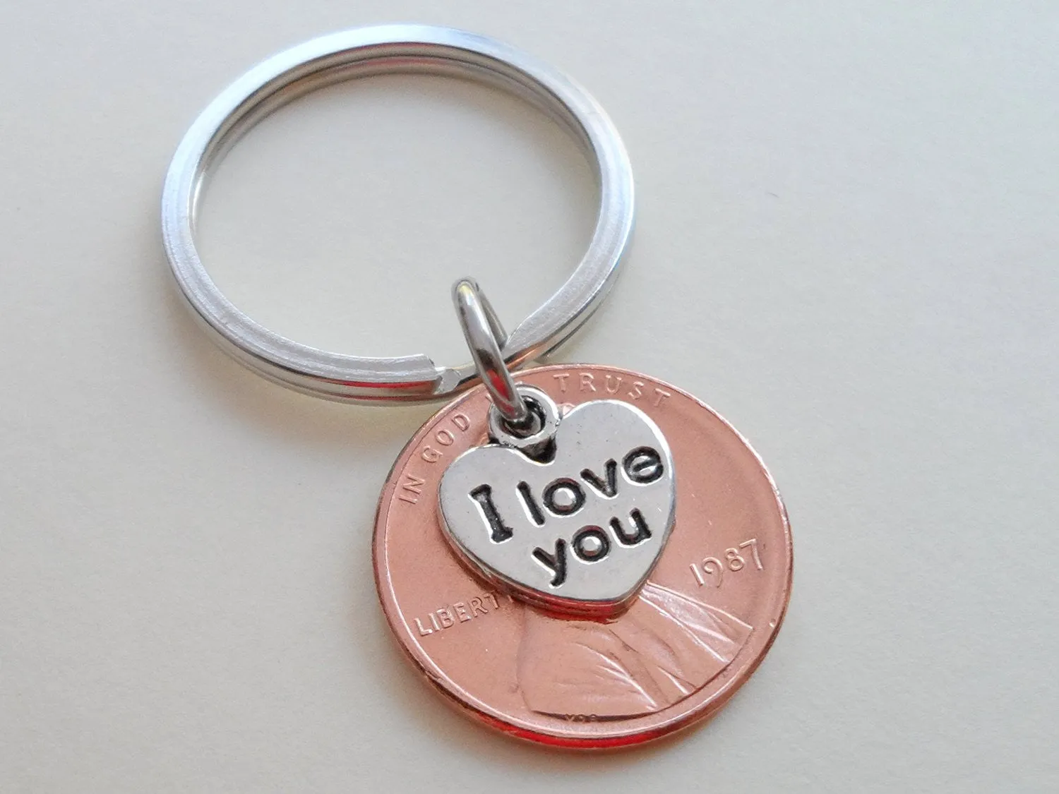 I Love You Heart Charm Layered Over 1987 Penny Keychain; 38 Year Anniversary Gift, Couples Keychain