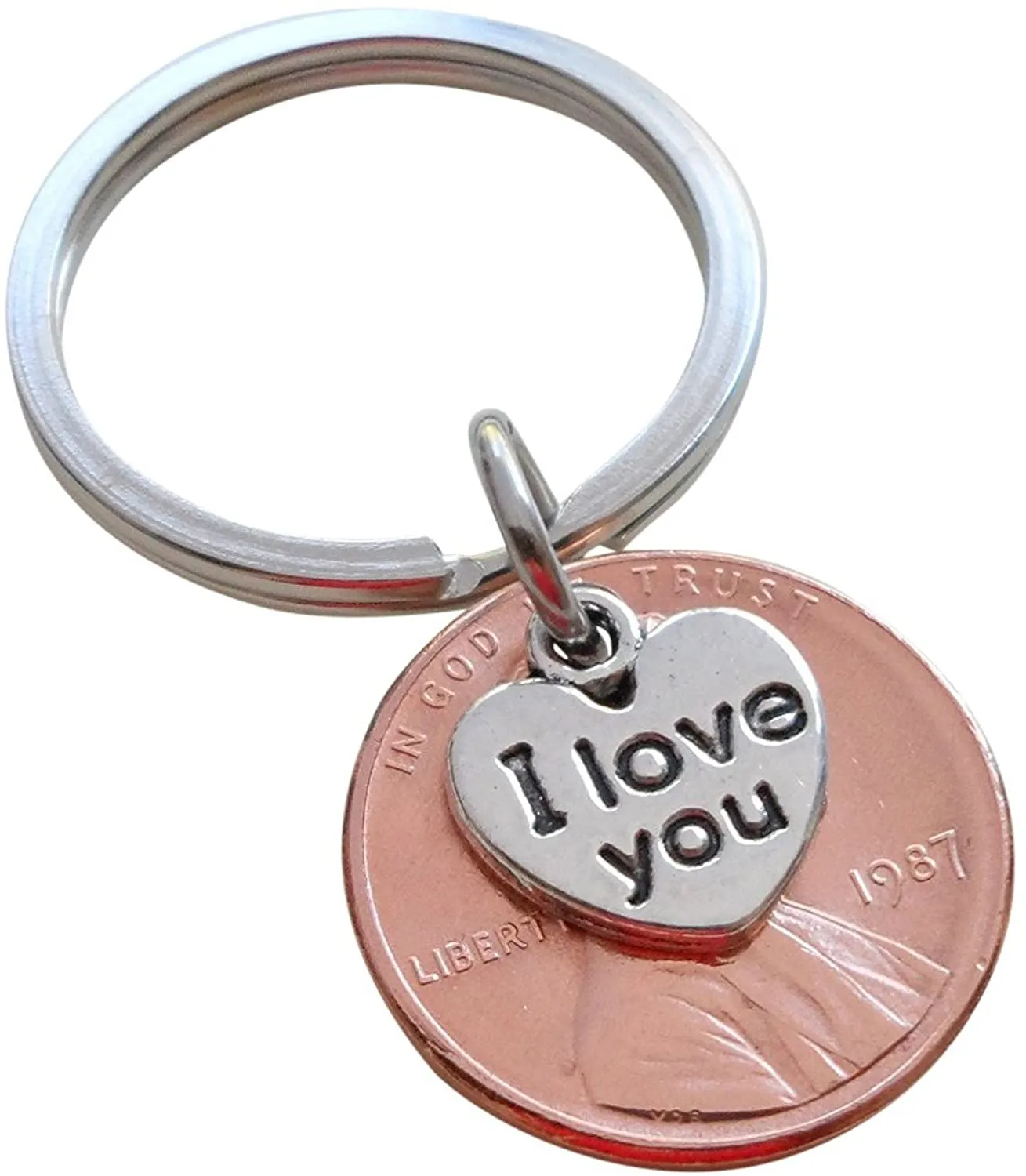 I Love You Heart Charm Layered Over 1987 Penny Keychain; 38 Year Anniversary Gift, Couples Keychain