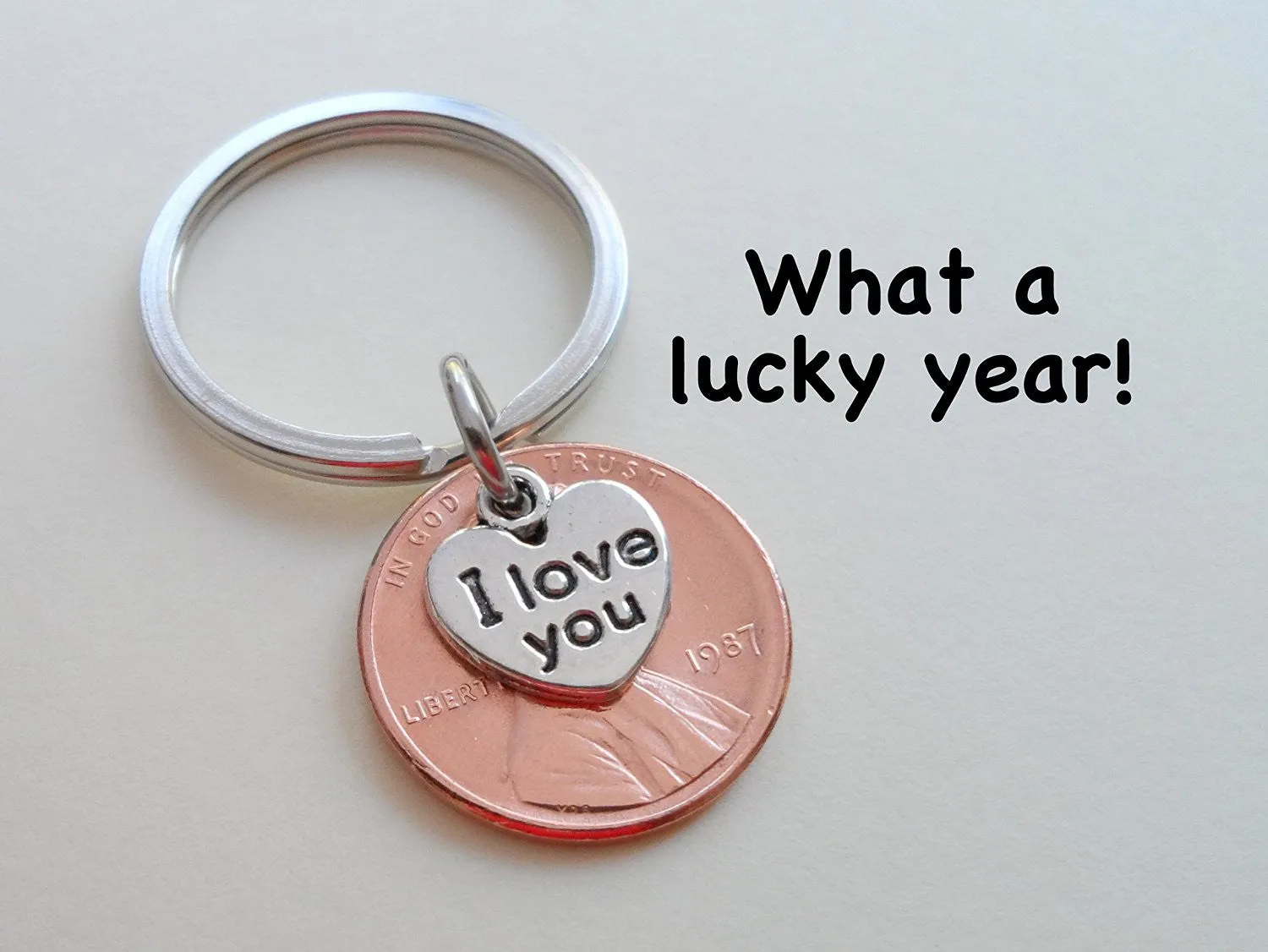 I Love You Heart Charm Layered Over 1987 Penny Keychain; 38 Year Anniversary Gift, Couples Keychain