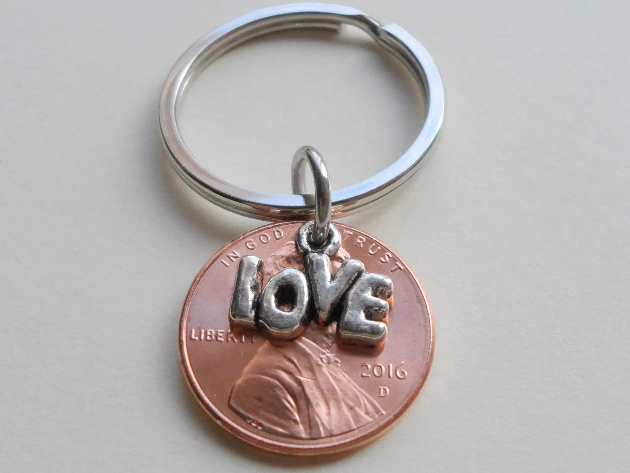 Lucky in Love 2016 Penny Keychain with Love Charm Layered Over; 9 Year Anniversary Gift, Couples Keychain