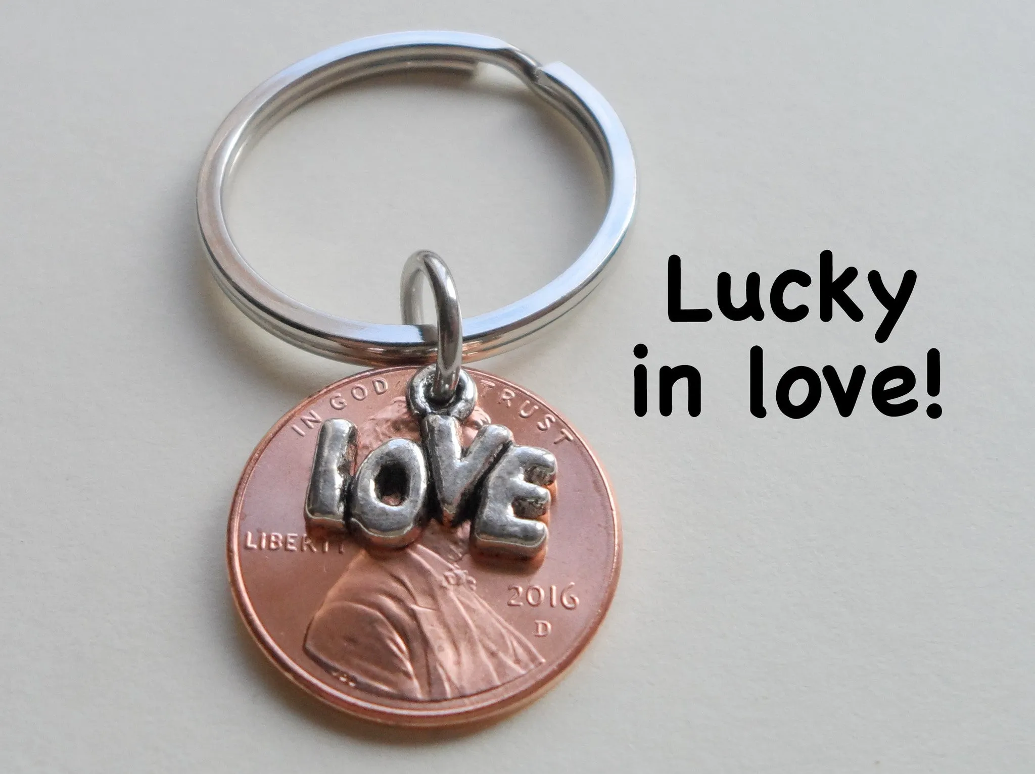 Lucky in Love 2016 Penny Keychain with Love Charm Layered Over; 9 Year Anniversary Gift, Couples Keychain