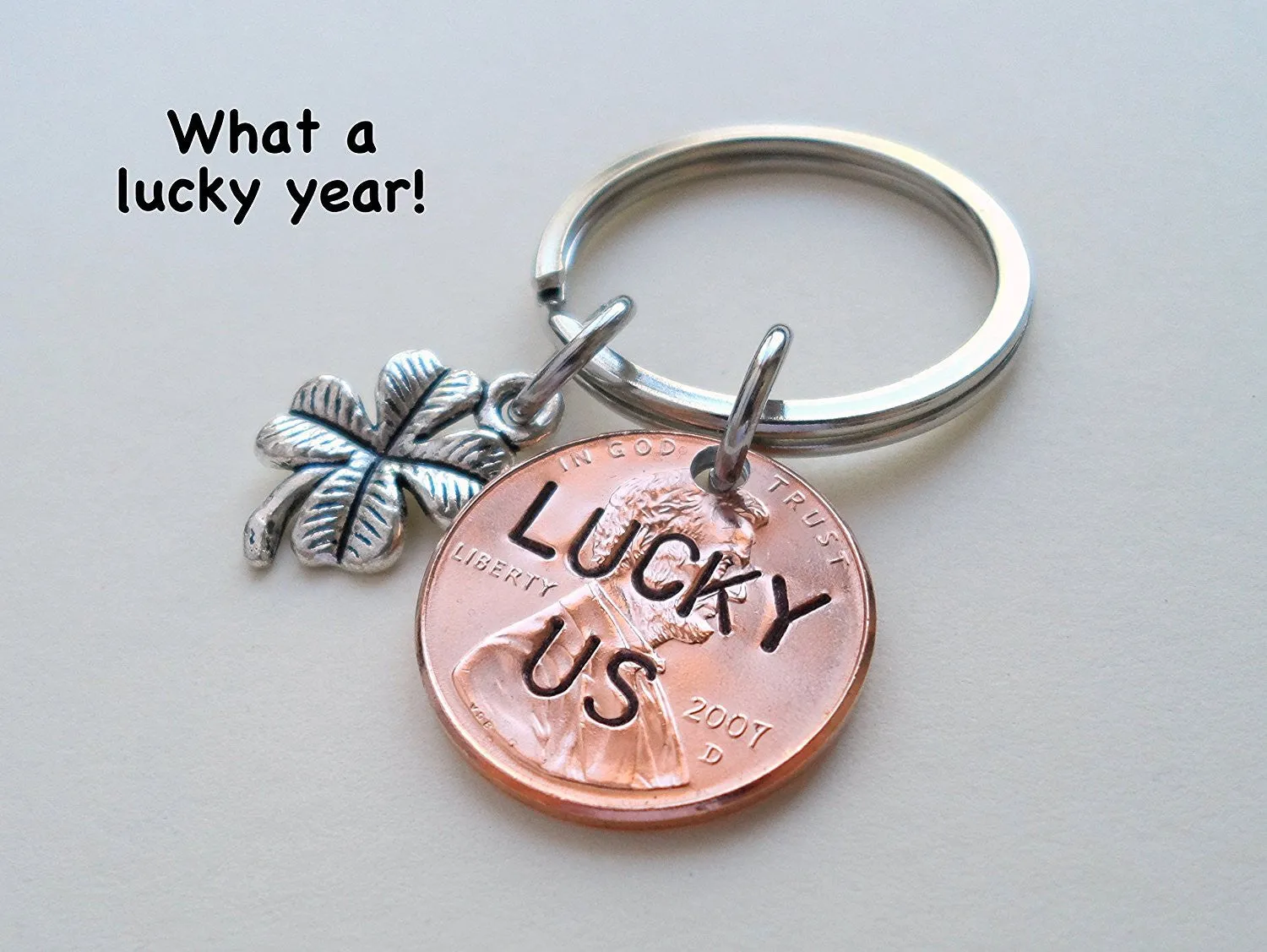 Lucky Us 2007 Penny Engraved Keychain With Clover Charm - 18 Year Anniversary Gift