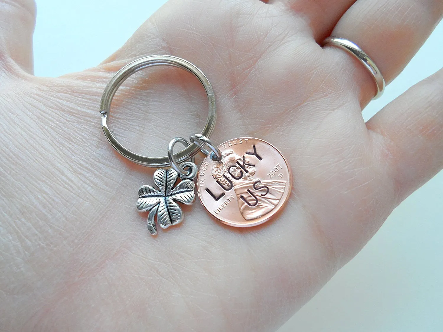 Lucky Us 2007 Penny Engraved Keychain With Clover Charm - 18 Year Anniversary Gift