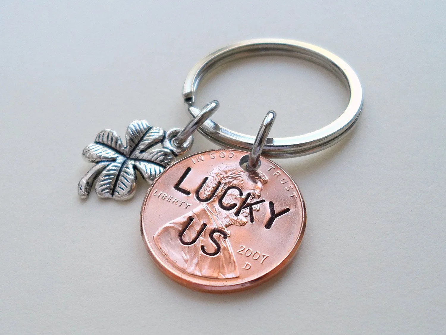 Lucky Us 2007 Penny Engraved Keychain With Clover Charm - 18 Year Anniversary Gift