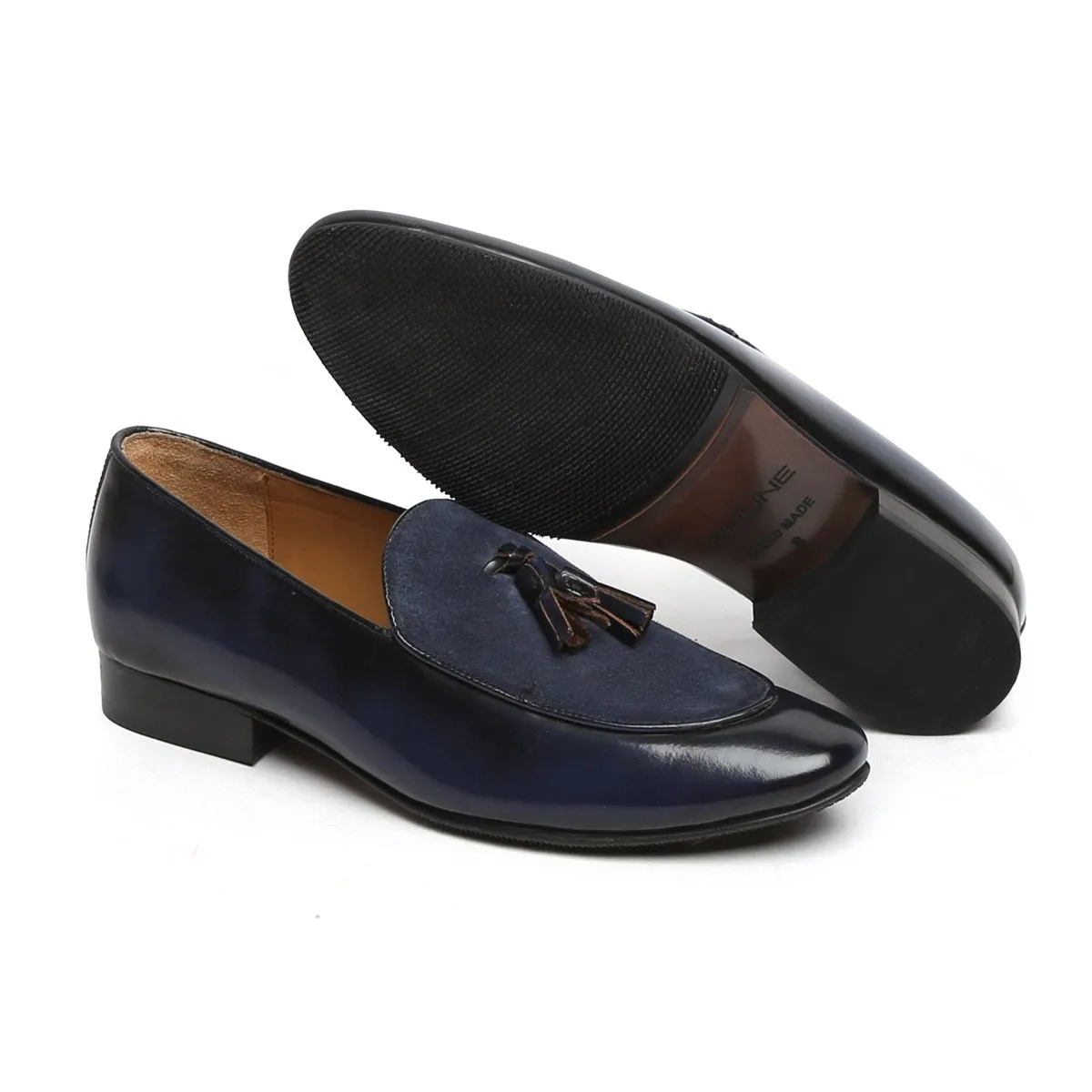 Navy Blue Glossy/Suede Leather Apron Toe Tassel Slip-On Shoes By Brune & Bareskin