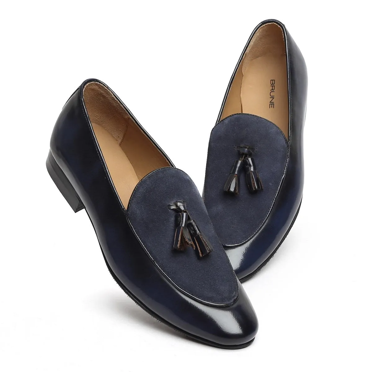 Navy Blue Glossy/Suede Leather Apron Toe Tassel Slip-On Shoes By Brune & Bareskin