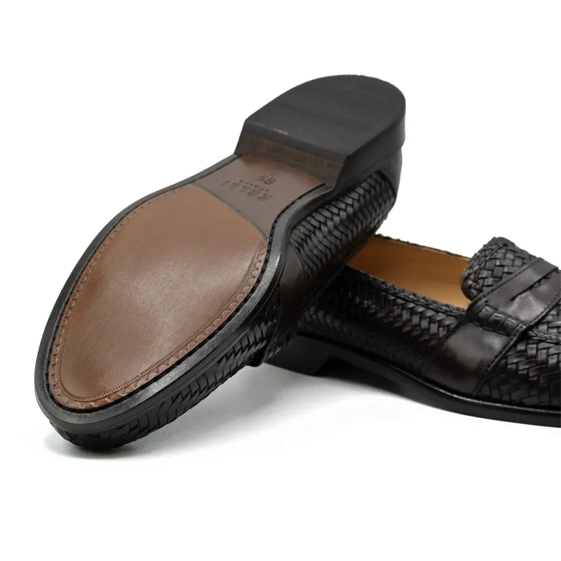 Nicola Woven Italian Calfskin Penny Loafer in Dark Brown by Zelli Italia