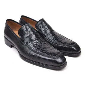 Paul Parkman 10CR87-BLK Handmade Designer Shoes Wingtip Genuine Crocodile & Ostrich Penny Black Loafers (PM5503)